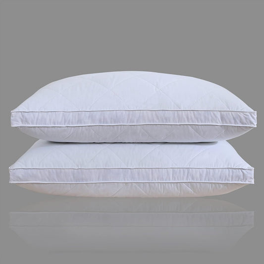 Set of 2 White Goose Feather Polyester Bed Pillows - Queen/Standard Size, Soft 600 Thread Count 100% Cotton, Medium Firm with Soft Support Surround Fill, White Solid