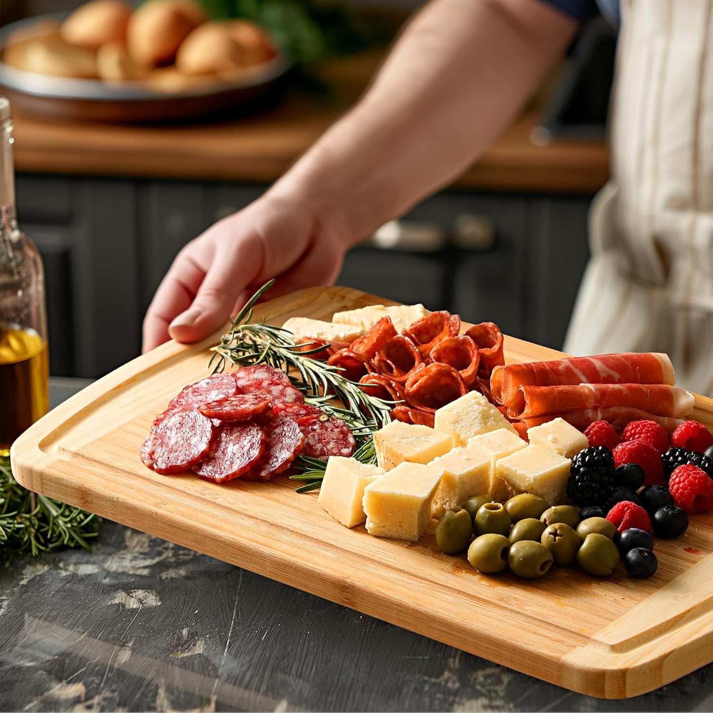 Large Wooden Cutting Board for Kitchen Meal Prep & Serving - Bamboo Cutting Boards with Juice Groove Side Handles, Charcuterie & Chopping Butcher Block - 100% Organic Bamboo, Pre Oiled, 16" X 10"