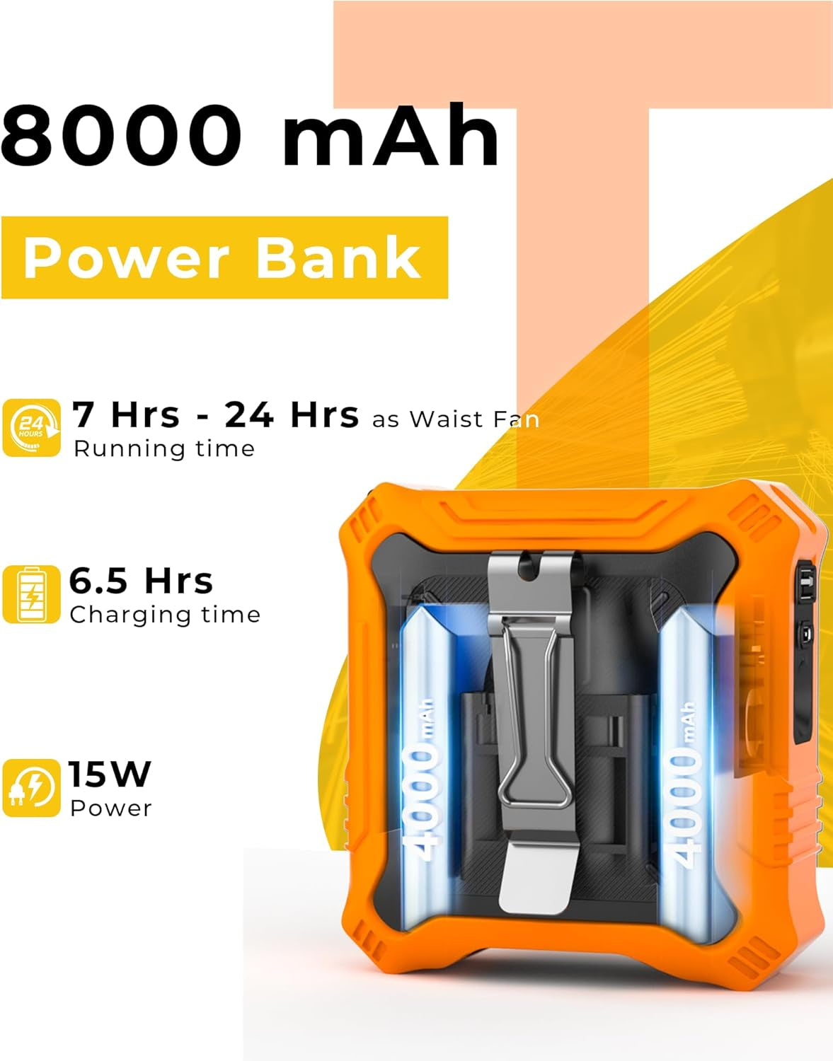 Portable Fan with 5-Speed Settings, Dual-Sided Clip on Wearable Belt Waist Fan for 8000Mah, 2 Settings Including Flashlight,Travel Essential for Outdoor Camping as Power Bank