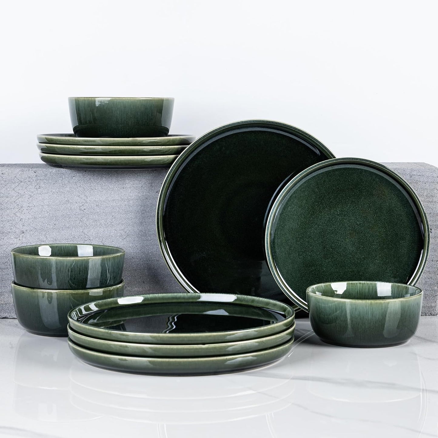 Ceramic Dinnerware Set for Six - 18-Piece Stoneware Plate and Bowl Collection with Reactive Glaze Finish, Scratch Resistant, Dishwasher and Microwave Safe, Earth Green