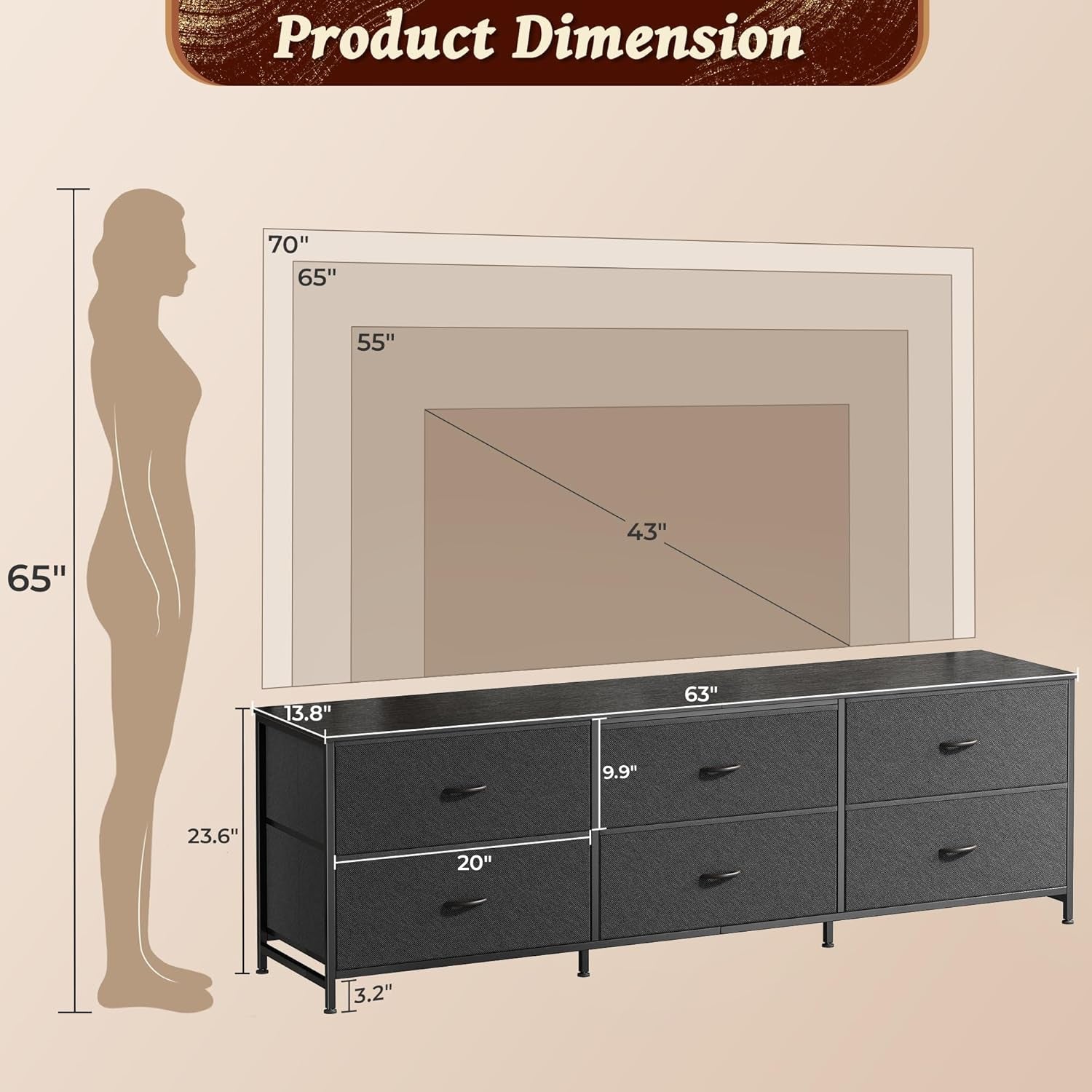 63-Inch Modern Dresser and TV Stand Combo, Suitable for 55 to 70 Inch TVs, 6-Drawer Storage Organizer with Fabric Drawers for Bedroom and Entryway, Black Finish