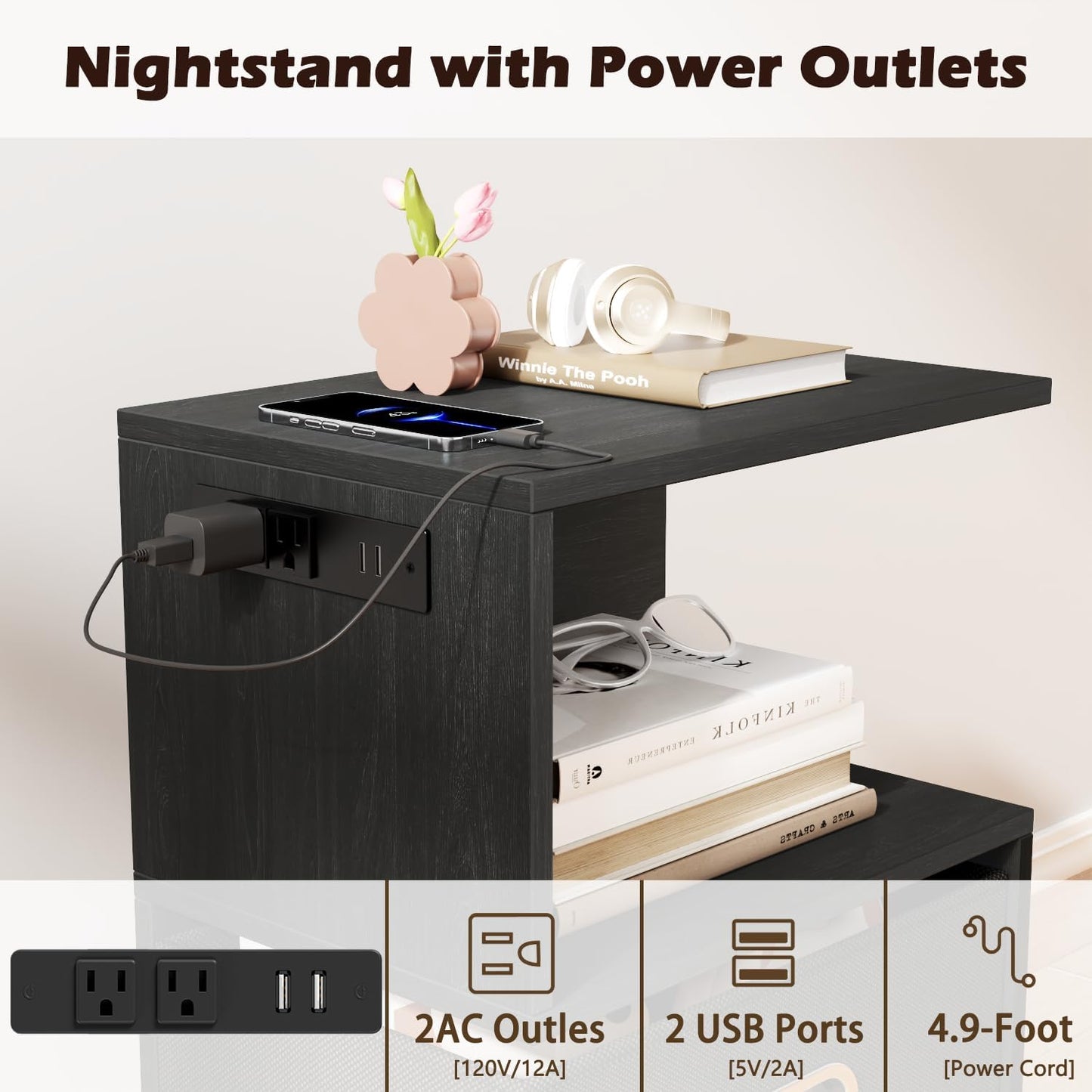 S Nightstand with Charging Station, 3 Tier Open End Table with Drawer, Wood Bedside Table with Storage for Living Room/Bedroom/Small Space, Black Oak