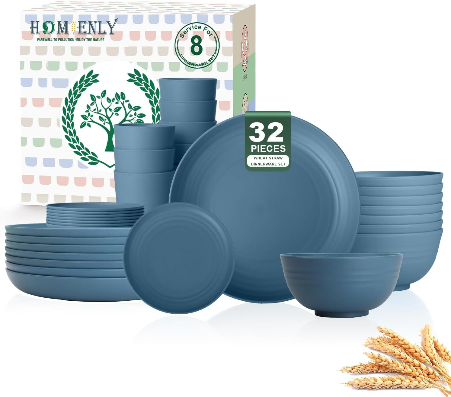 Premium Wheat Straw Dinnerware Set - Complete with Dinner Plates, Dessert Plates, Cereal Bowls, and Drinking Glasses - Microwave and Dishwasher Safe - Perfect for Camping - Blue
