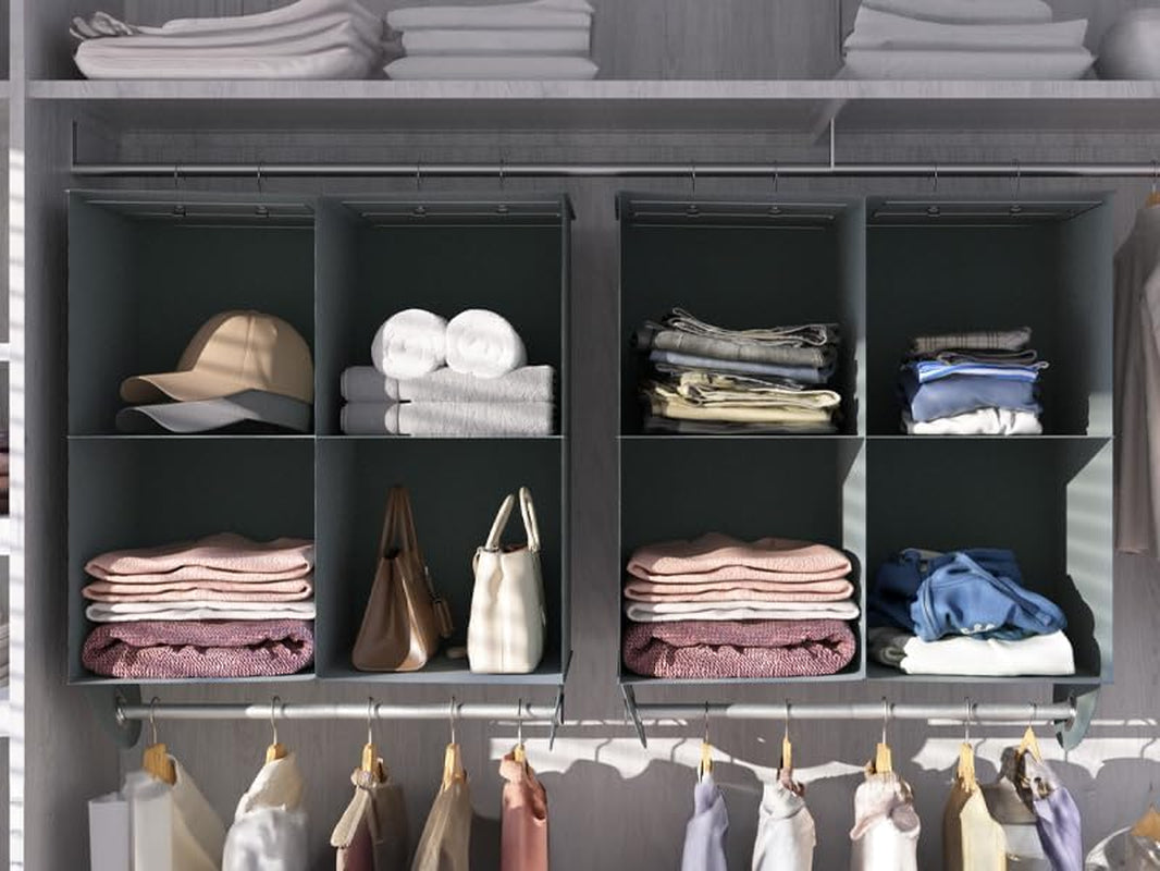 4-Section Hanging Closet Organizer and Storage, Heavy Duty Hanging Shelves with Rod, Closet Storage for College Dorms, RV, Dark Grey