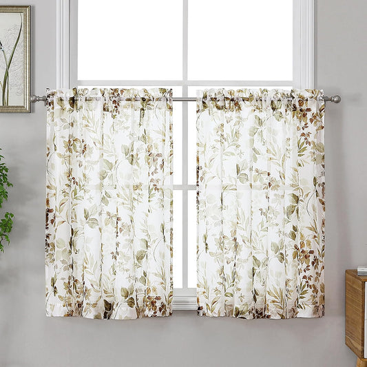 Crushed Sheer Curtains Tiers 36 Inch Length 2 Panels, Printed Design Small Half Curtains Kitchen Tiers Bathroom Cafe Bedroom Living Room, Light Filtering Curtain, 42"X36"