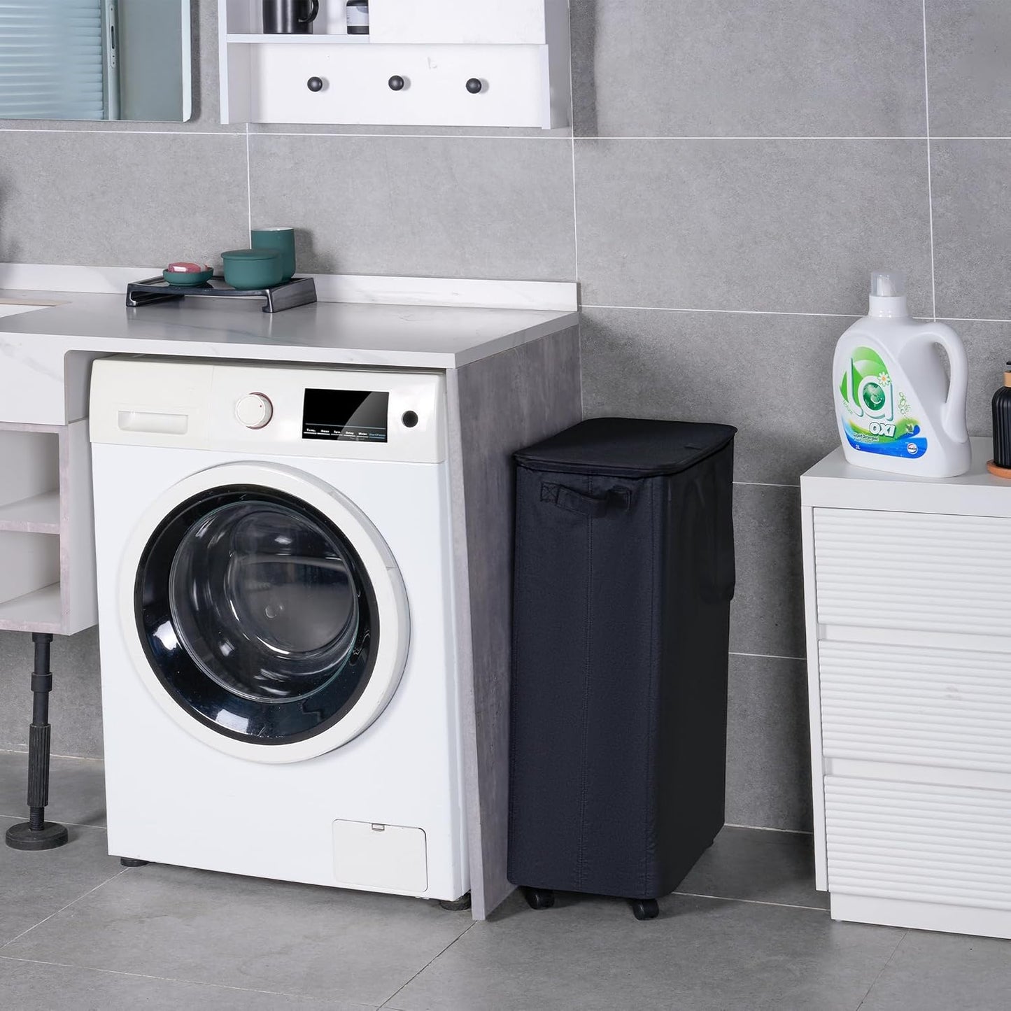 Slim Laundry Hamper with Lid and Wheels, Small Rolling Laundry Basket with Handle for Small Spaces, Tall Dirty Clothes Hampers for Dorm, Bathroom and Bedroom, 75L Black