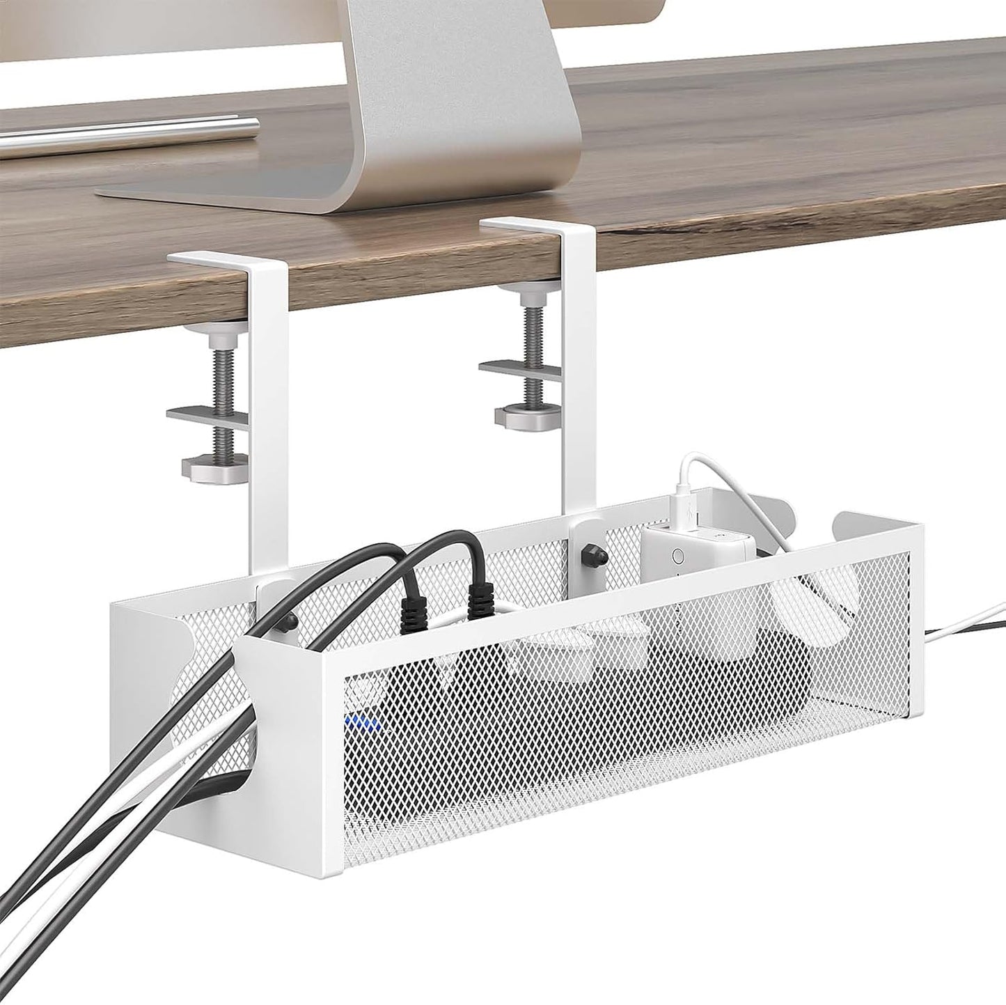 under Desk Cable Management Tray with 2 Open Holes - Metal Mesh Wire Management with F-Clamp, No Drill Cord Organizer, Home Office Cable Tray under Desk Storage & Accessories, 1 Pack, White