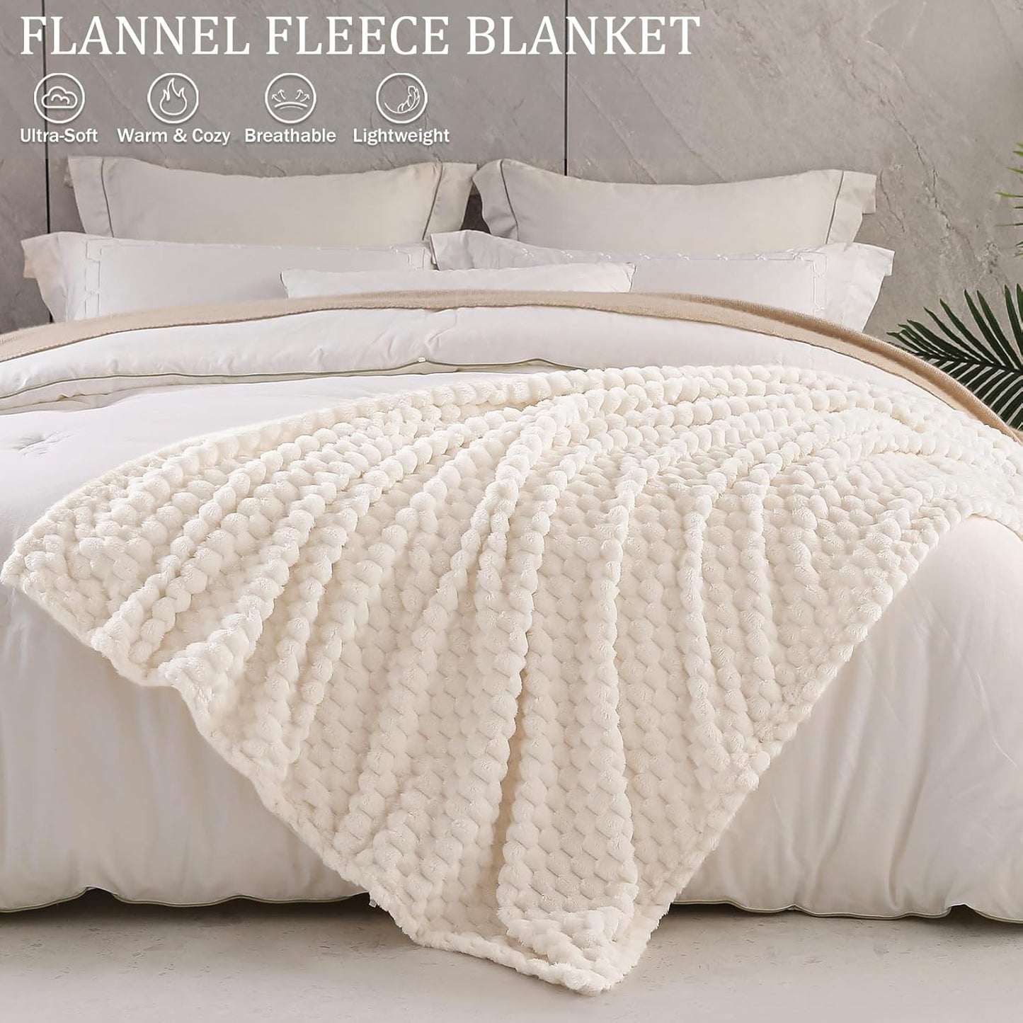 Extra Large Ivory Jacquard Fleece Throw Blanket, 50x70 Inches - Stylish and Cozy Lightweight Design for All Seasons