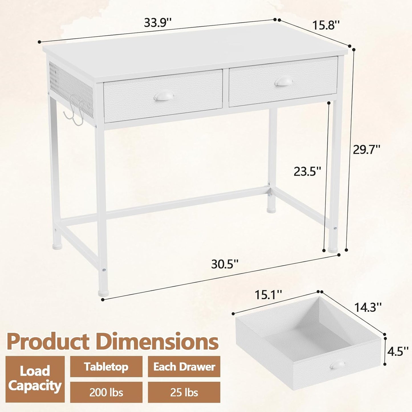 White Small Computer Desk with 2 Fabric Drawers for Bedroom,34 Inch Simple Home Office Writing Desk, Vanity Desk with Hooks, Study Table for Adults Student Small Spaces