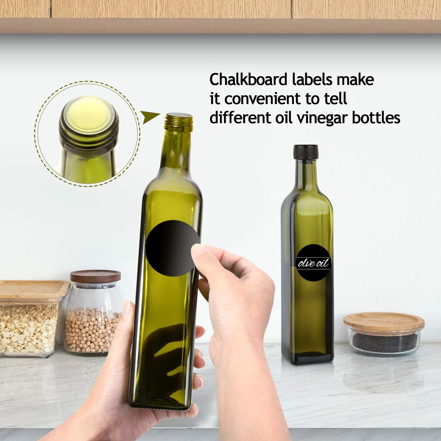 Glass Olive Oil Dispenser Bottle Set - 500Ml Dark Green Oil & Vinegar Cruet Bottle with Pourers, Funnel and Labels - Olive Oil Carafe Decanter for Kitchen, 17 Oz (Pack of 2)