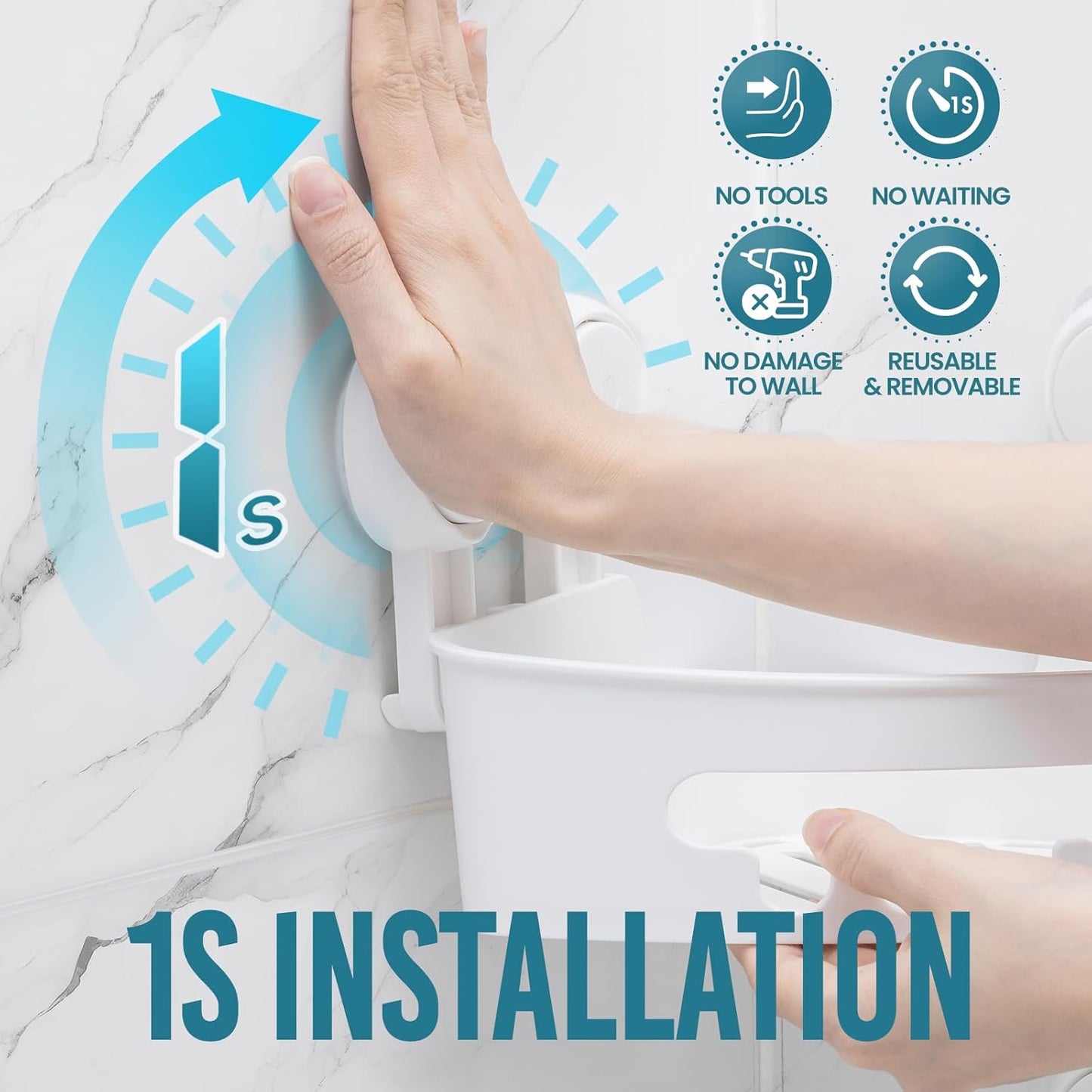 Corner Shower Caddy with Suction Cups, Wall Mounted Organizer Plastic Rack for Small Bathrooms, Kitchen, Removable Drill-Free Heavy Duty Shelf Basket, White