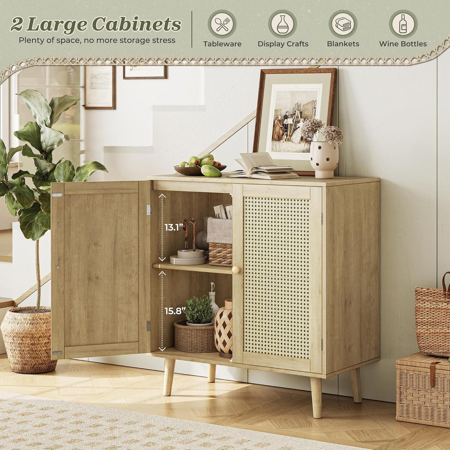 Buffet Cabinet with Storage and PE Rattan Decor Doors, Accent Sideboard with Solid Wood Legs for Hallway, Entryway, and Living Room in Natural Finish