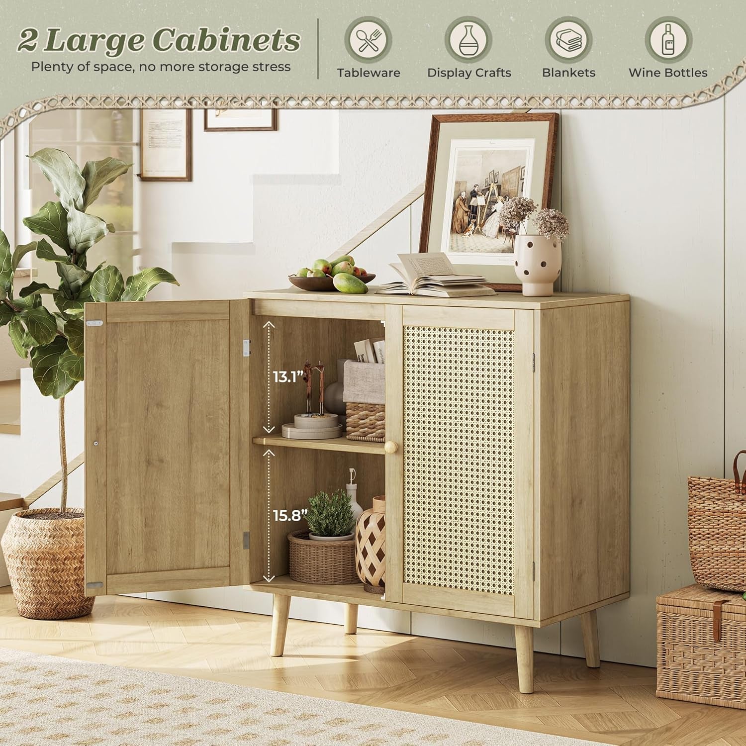 Buffet Cabinet with Storage and PE Rattan Decor Doors, Accent Sideboard with Solid Wood Legs for Hallway, Entryway, and Living Room in Natural Finish