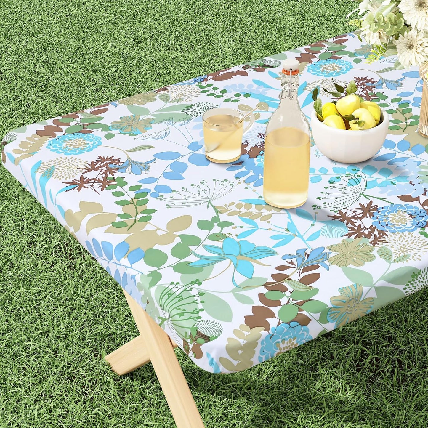 Rectangle Vinyl Tablecloth, Fitted Table Cover, 100% Waterproof, Elastic Edge, Flannel Backing, Table Cloth Fit 6 Foot Folding Tables for Picnic, Outdoor (Leaves, 30X72 Inch)
