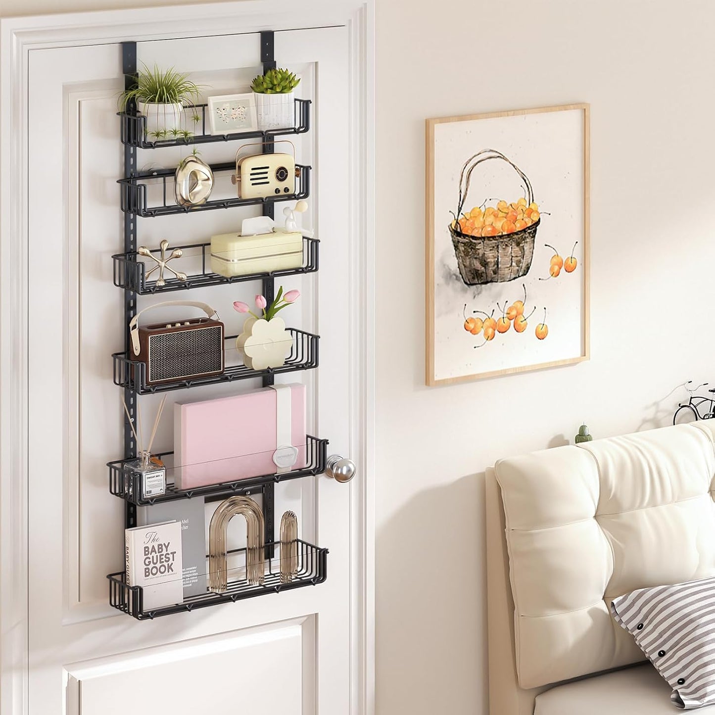 Adjustable over the Door Pantry Organizer with Clear Acrylic Panel, 6-Tier Pantry Organization and Storage for Kitchen, Hanging Spice Rack Seasoning Shelves for Cabinet, Easy Install, Black