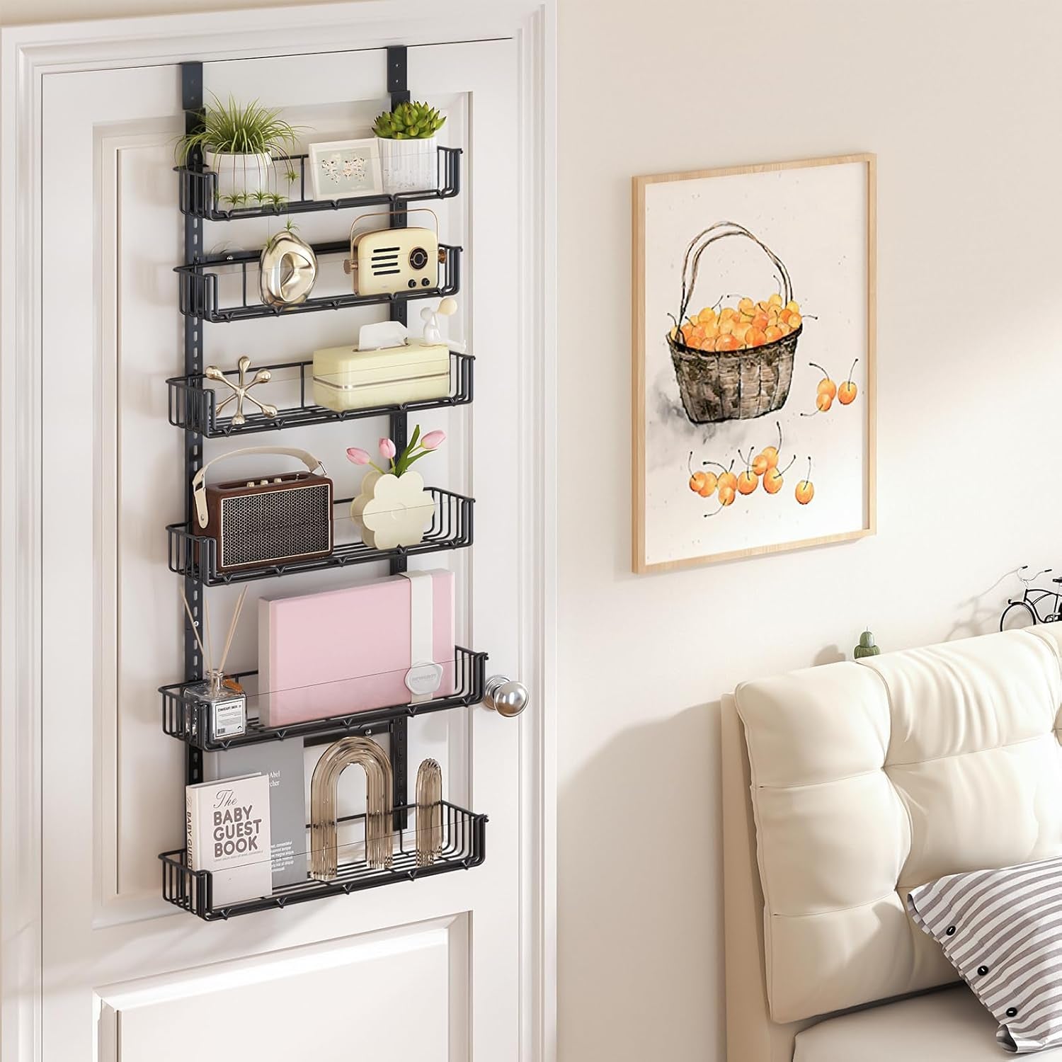 Adjustable over the Door Pantry Organizer with Clear Acrylic Panel, 6-Tier Pantry Organization and Storage for Kitchen, Hanging Spice Rack Seasoning Shelves for Cabinet, Easy Install, Black