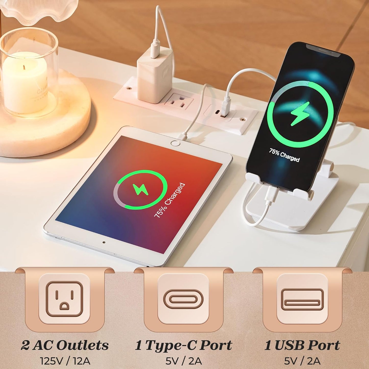 Set of 2 White Nightstands with Charging Station, Modern Bedside Tables featuring 2 Drawers and Metal Knobs, Ideal for Bedroom Use