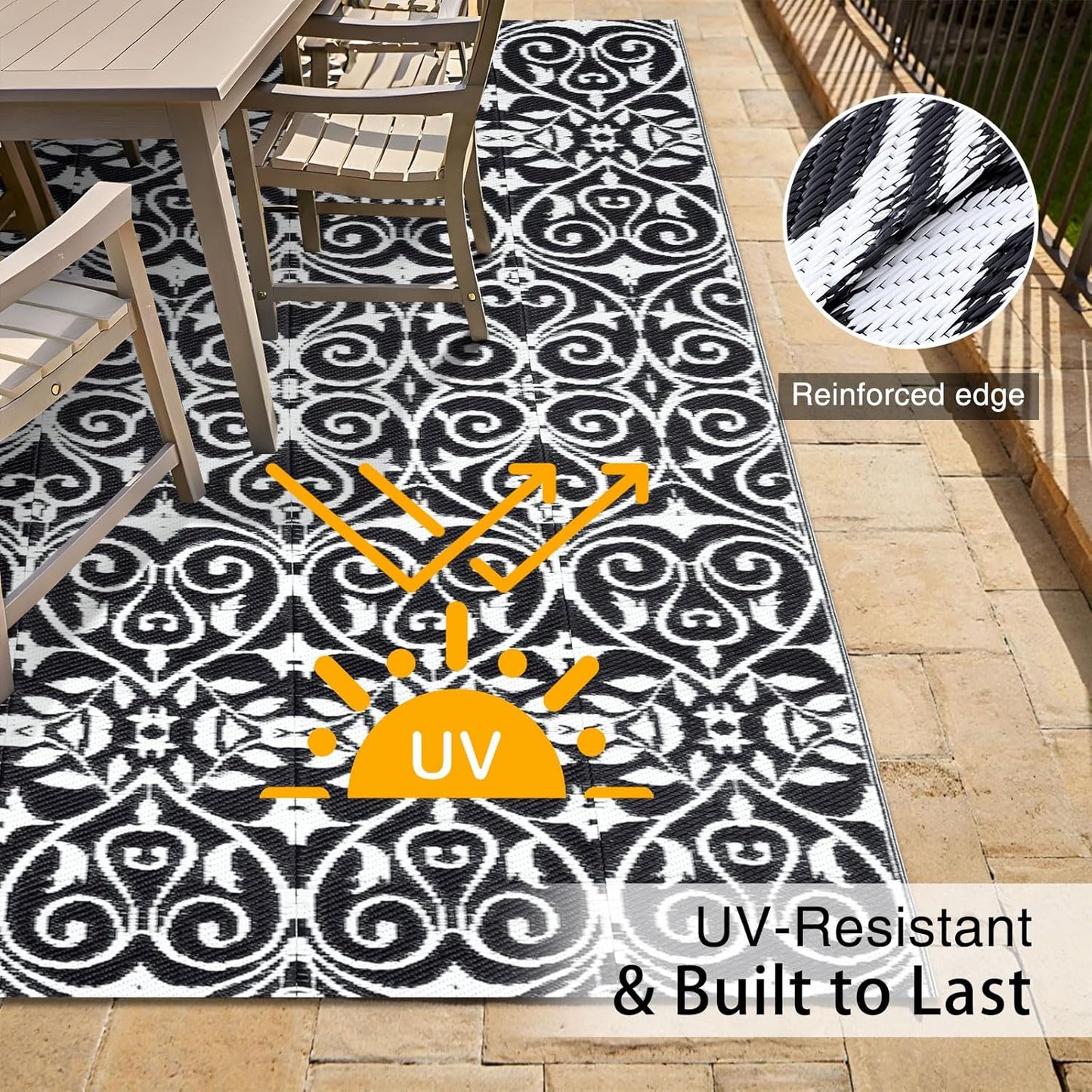Outdoor Rug Waterproof 5X8 Ft Clearance, Reversible Outdoor Plastic Straw Rug with Floral Pattern, RV Mat for Patio, Camping, Balcony, Deck, Backyard, Black & White