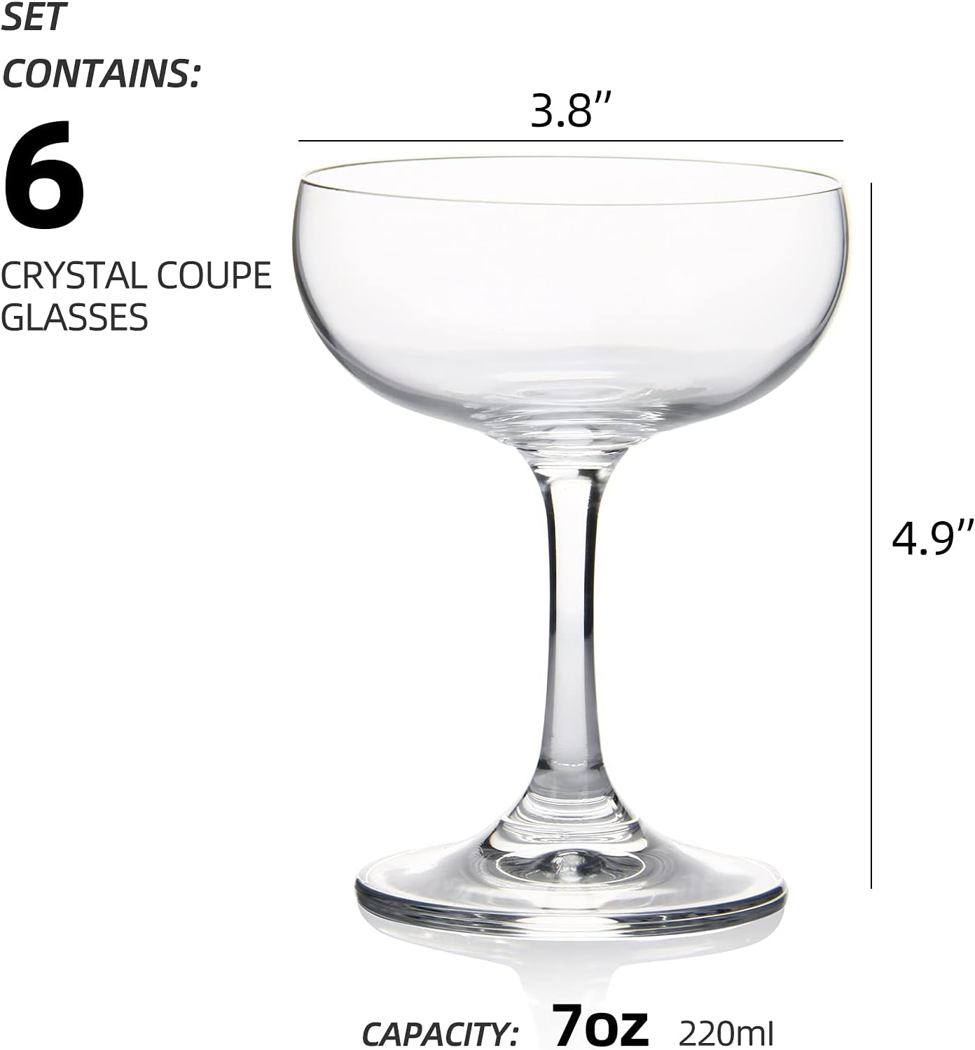 Set of 6 Elegant Crystal Coupe Glasses, 7 Ounce (220ml) - Short Stem Design for Champagne and Sweet Wine