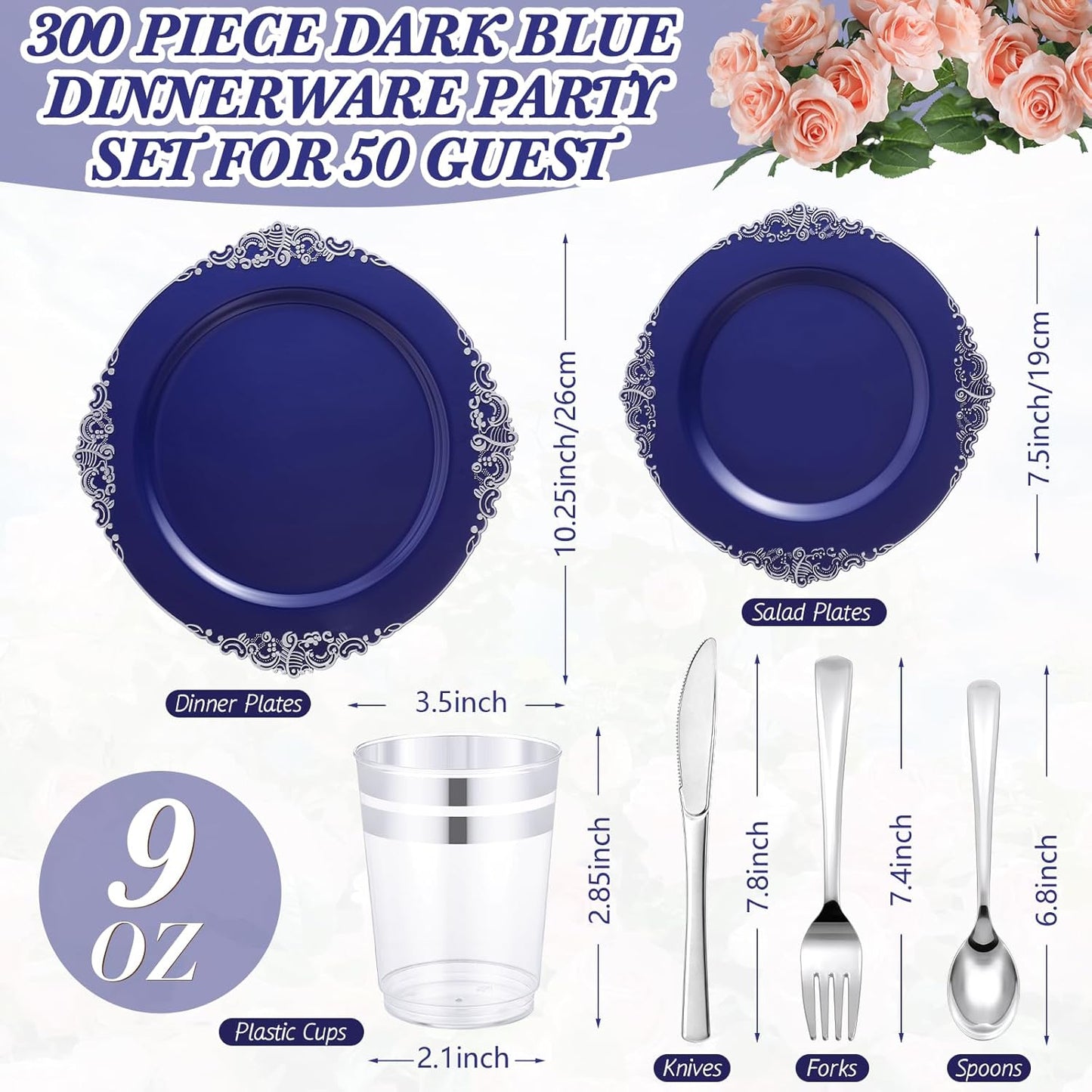 300-Piece Heavy-Duty Navy Blue Plastic Dinnerware Set with Silverware - Includes 50 Dinner Plates (10.2"), 50 Dessert Plates (7.5"), and 150 Silver Utensils for Weddings and Events
