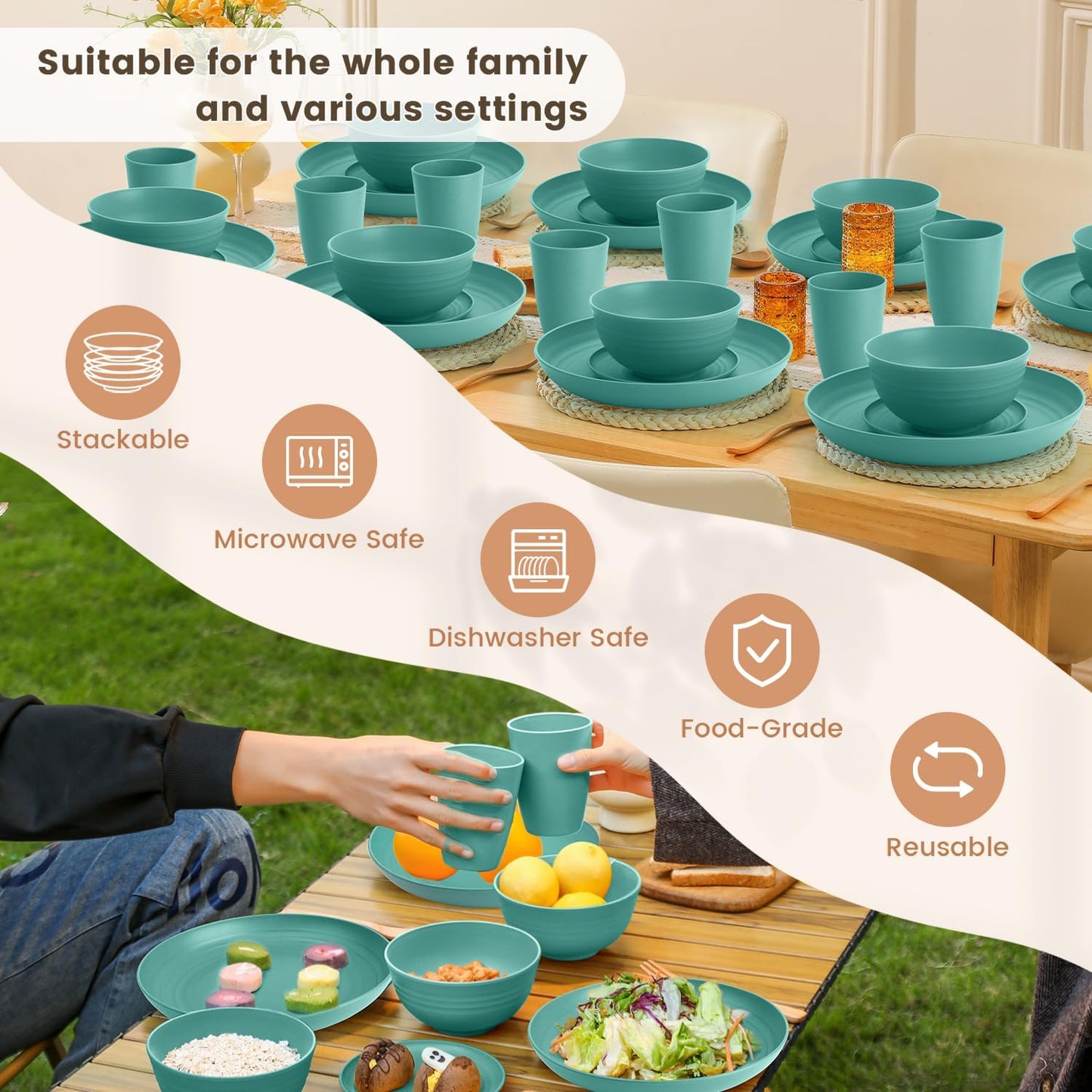 Wheat Straw 32-Piece Dinnerware Set for 8 - Durable and Lightweight Plates and Bowls for Camping, Outdoor Adventures, and RV Use, Microwave and Dishwasher Safe - Green