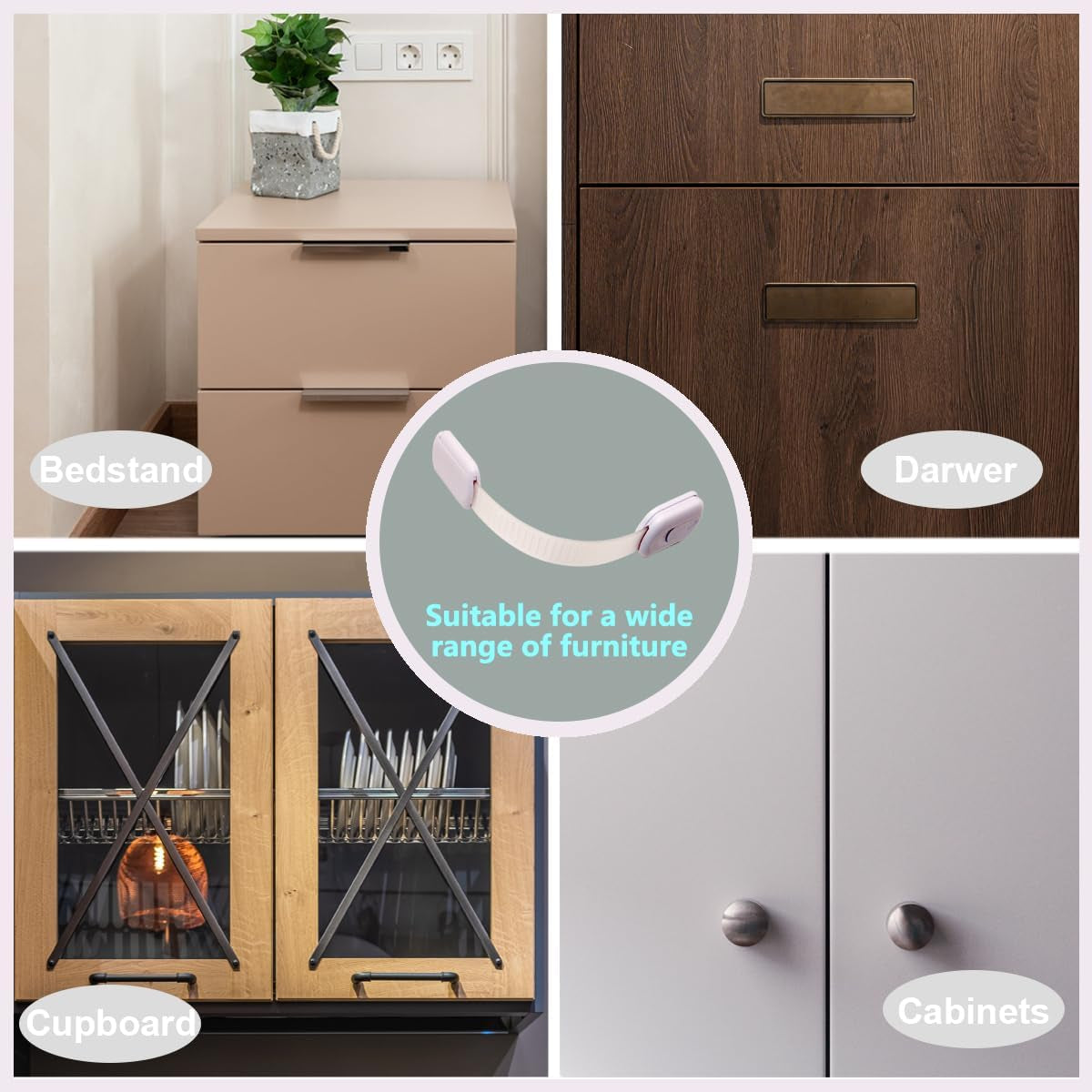 Cabinet Locks Baby Proofing 4 Pack, Child Safety Strap Locks for Drawer Cupboard Dishwasher Cupboard and Pantry,Childproof Door Latches for Kids and Toddler Proof