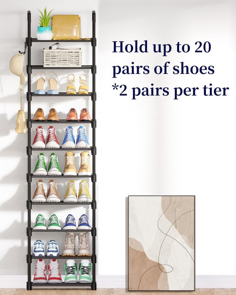 Shoe Rack - 10-Tier Shoe Organizer with Detachable Fabric Shelves & Metal Frame, Tall Shoe Rack for Closet, Entrance, Living Room, 16.9" X 11.8" X 68.5", Black