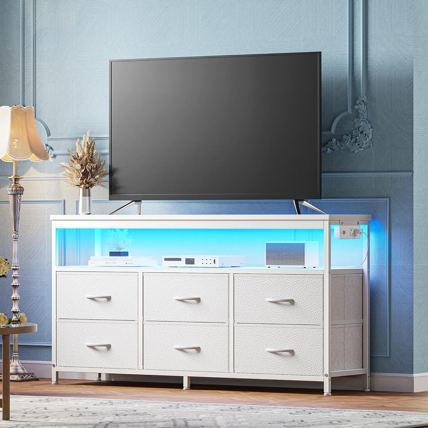 Modern LED TV Stand for Bedroom - 47 Inch Dresser with Storage for 43, 50, and 55 Inch TVs, White Entertainment Center with Power Outlets and 6 Drawer Fabric Dresser for Living Room