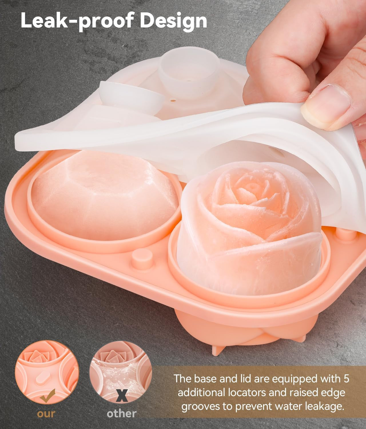 Ice Cube Tray with Lid, Silicone Ice Molds with Round, Square, Diamond, Rose, Large Ice Cube Mold for Whiskey, Bourbon, Cocktails, Easy Release BPA Free, Set of 2
