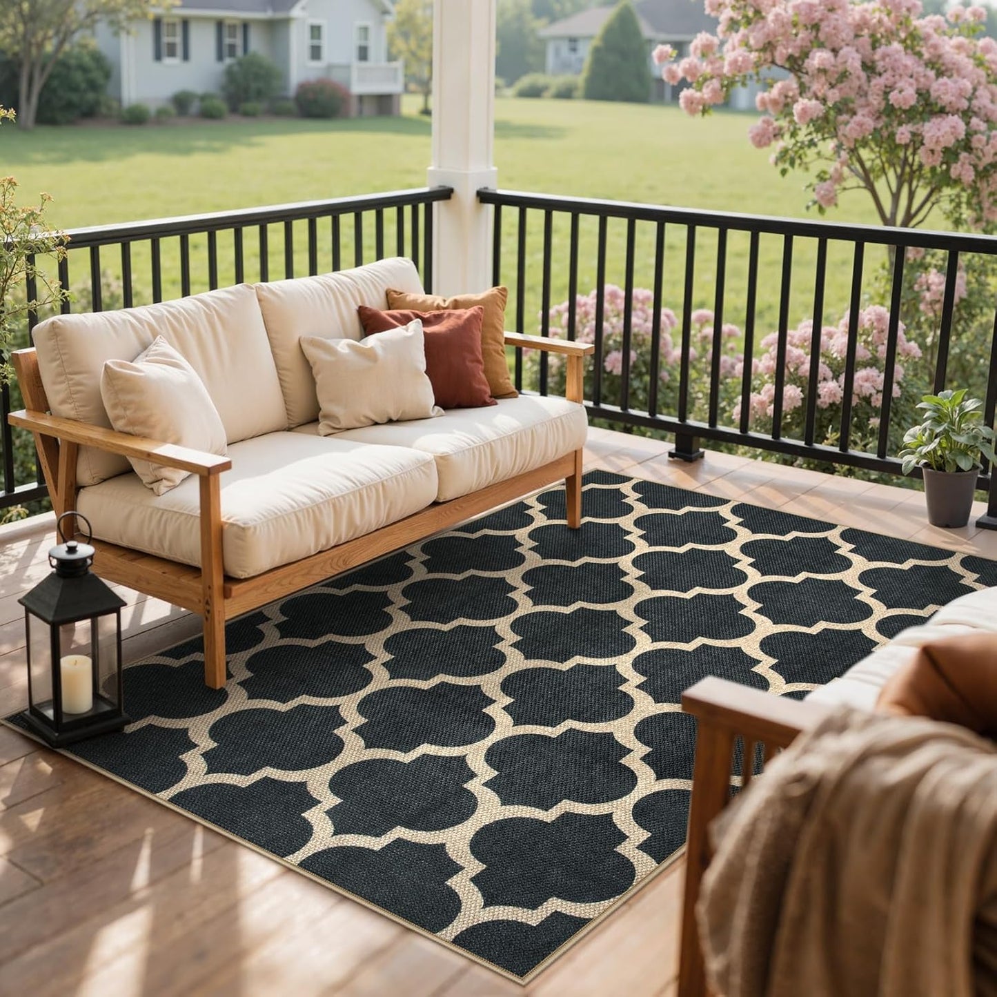 Moroccan Easy Jute Outdoor Entryway Rug, 3X5 Black Washable Front Porch Rugs for Balcony Bedroom, Farmhouse Trellis Neutral Thin Non Slip Small Carpet for Indoor Living Room Backyard Entrance