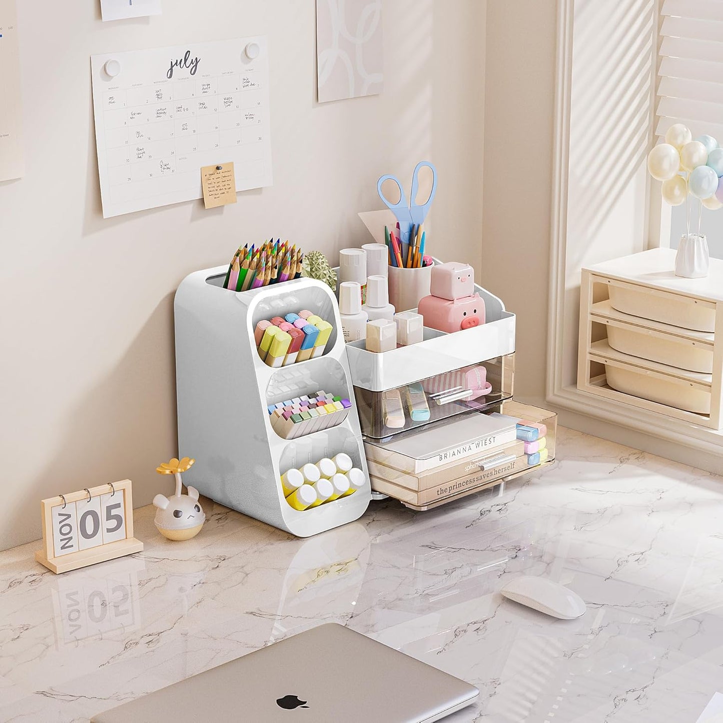 Makeup Organizer with Drawers for Vanity, Spacious Cosmetic Display Case with Makeup Brush Holder, Perfect Vanity Bathroom Organizer and Storage Solution for Skincare & Beauty Essentials, White