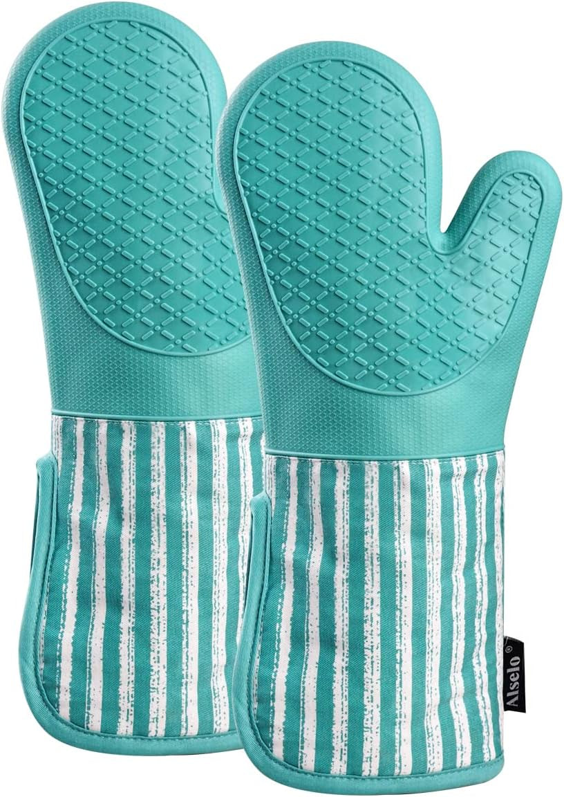 Silicone Oven Mitts Heat Resistant 932℉ with Waterproof & Non-Slip Kitchen Mittens, Set of 2 Extra Long Oven Gloves with Soft Cotton Terry Lining for Baking Cooking Barbecue