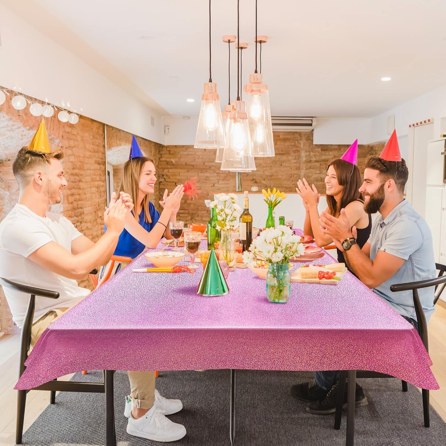 Set of 2 Pink and Green Holographic Tablecloths, 40" x 108", Iridescent Plastic Table Cover for Birthday and Bachelorette Party Decorations