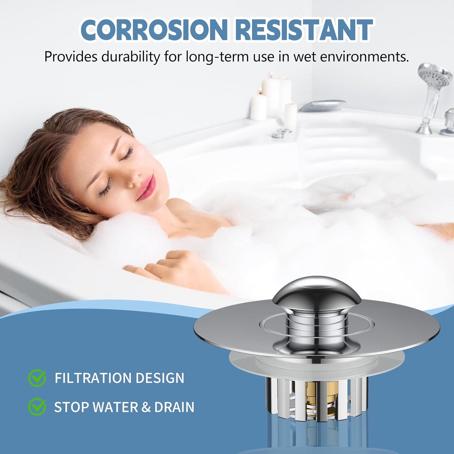 Universal Bathtub Drain Stopper, Tub Stopper Bathtub Drain, Pop up Tub Drain Hair Catcher, Replaces Bath Tub Lift and Turn, Tip-Toe and Trip Lever