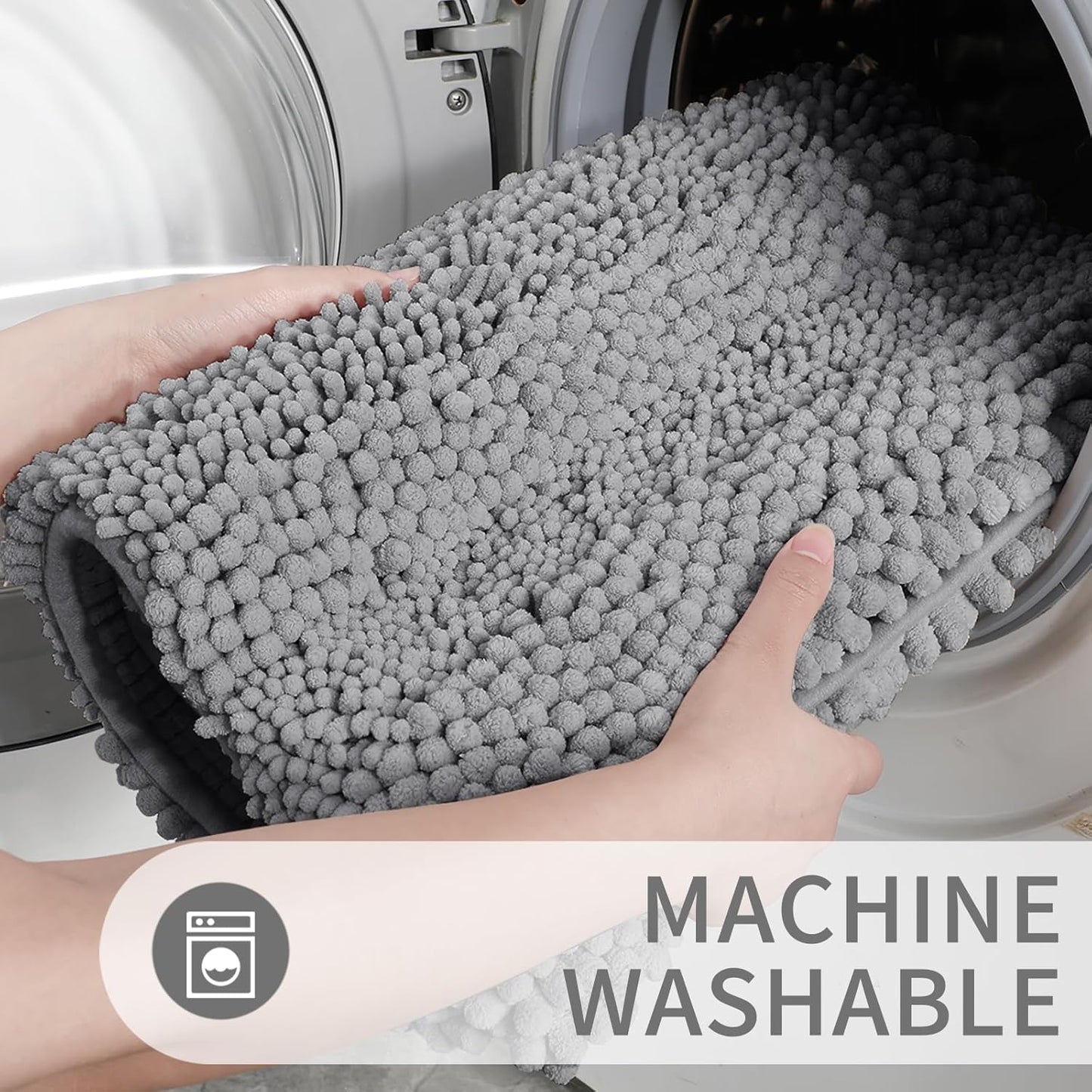 Bathroom Rugs Sets 2 Piece, Soft Absorbent Chenille Bath Mat and U-Shaped Toilet Rug, Non Slip Machine Washable Quick Dry, Plush Shower Rugs for Bathroom Floor, 24"X17"+24"X20", Gray