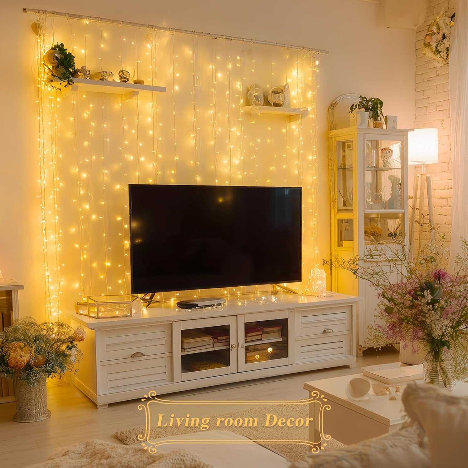 200 LED Curtain Lights Battery Operated & USB Plug In, 8 Modes Hanging String Lights Indoor with Remote, Warm White Twinkle Curtain Lights for Bedroom Backdrop Classroom Wedding Party Decor