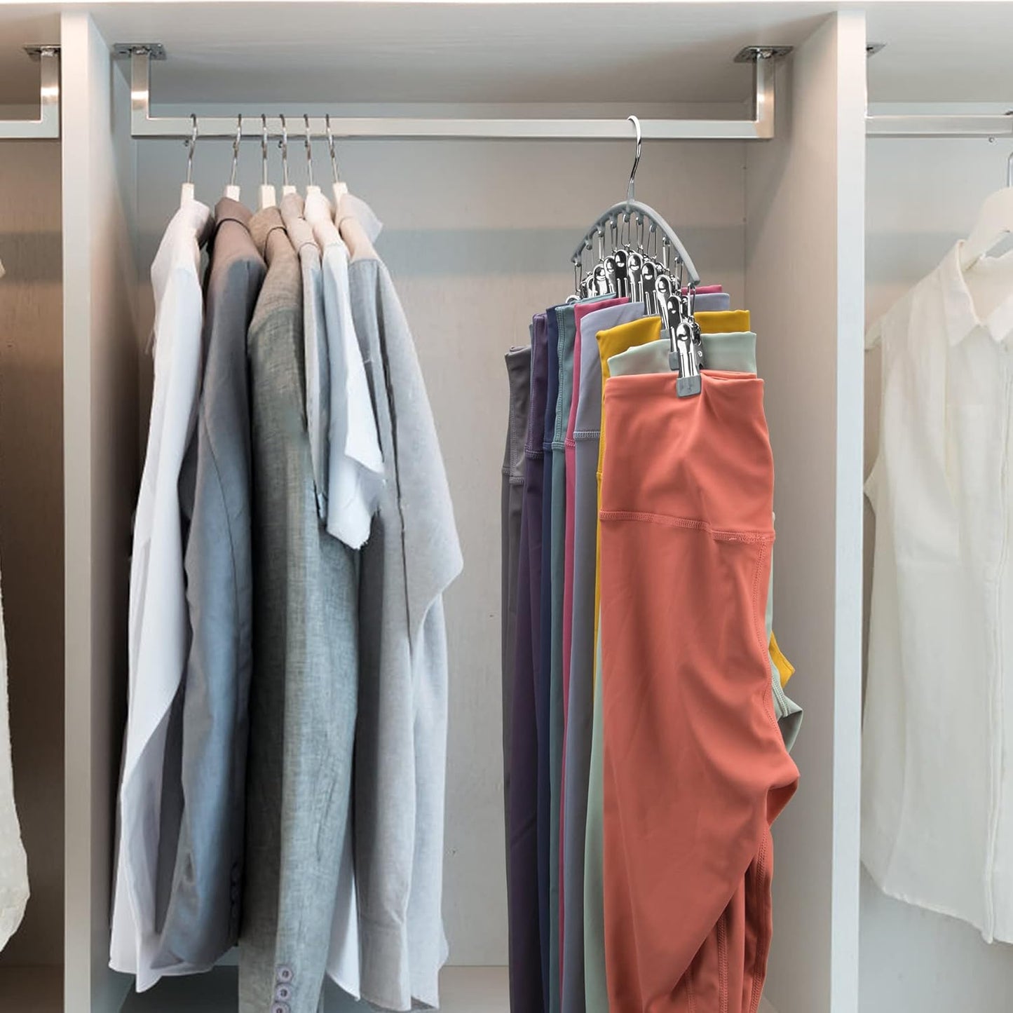 Legging Organizer for Closet, Metal Yoga Pants Hanger W/Rubber Coated 2 Pack W/10 Clips Hold 20 Leggings, Hangers Space Saving Hanging Closet Organizer for Closet Organizers and Storage-Grey