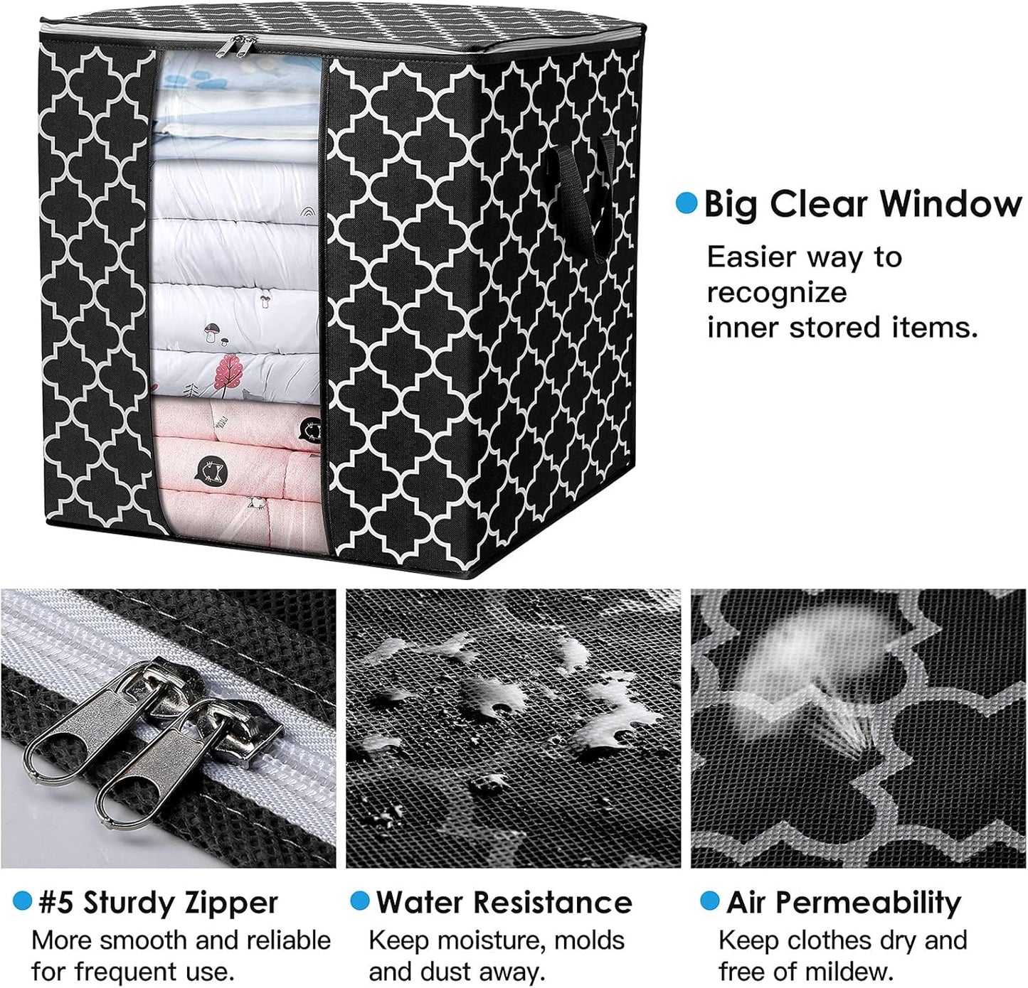 Storage Bags 2 Pack/100L Large Blanket Clothes Organization and Storage Containers for Comforters,Bedding, Foldable Organizer with Reinforced Handle, Clear Window, Sturdy Zippers,Black