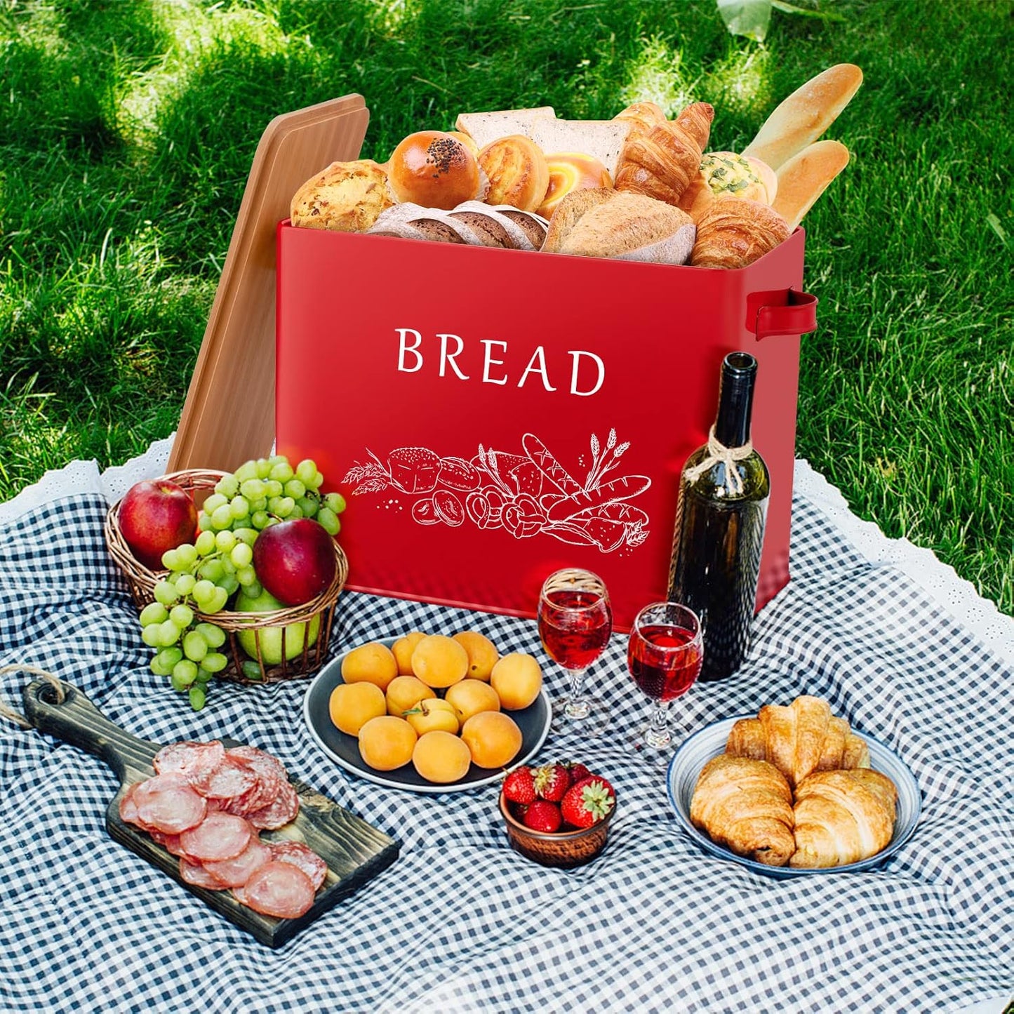 Bread Box for Kitchen Counter, Metal Bread Storage Bin with Wooden Cutting Lid, Large Capacity for Holding 2+ Loaves, Retro Modern Style, Size 13” X 7.2” X 9.7”, Red