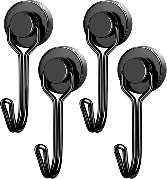 Black Magnetic Hooks, 25LBS Strong Magnetic Hooks Heavy Duty, 4Pack Neodymium Magnet Hooks for Cruise Cabin, Swivel Swing Magnets with Hooks for Refrigerator, Grill, Hanging, Classroom, Garage