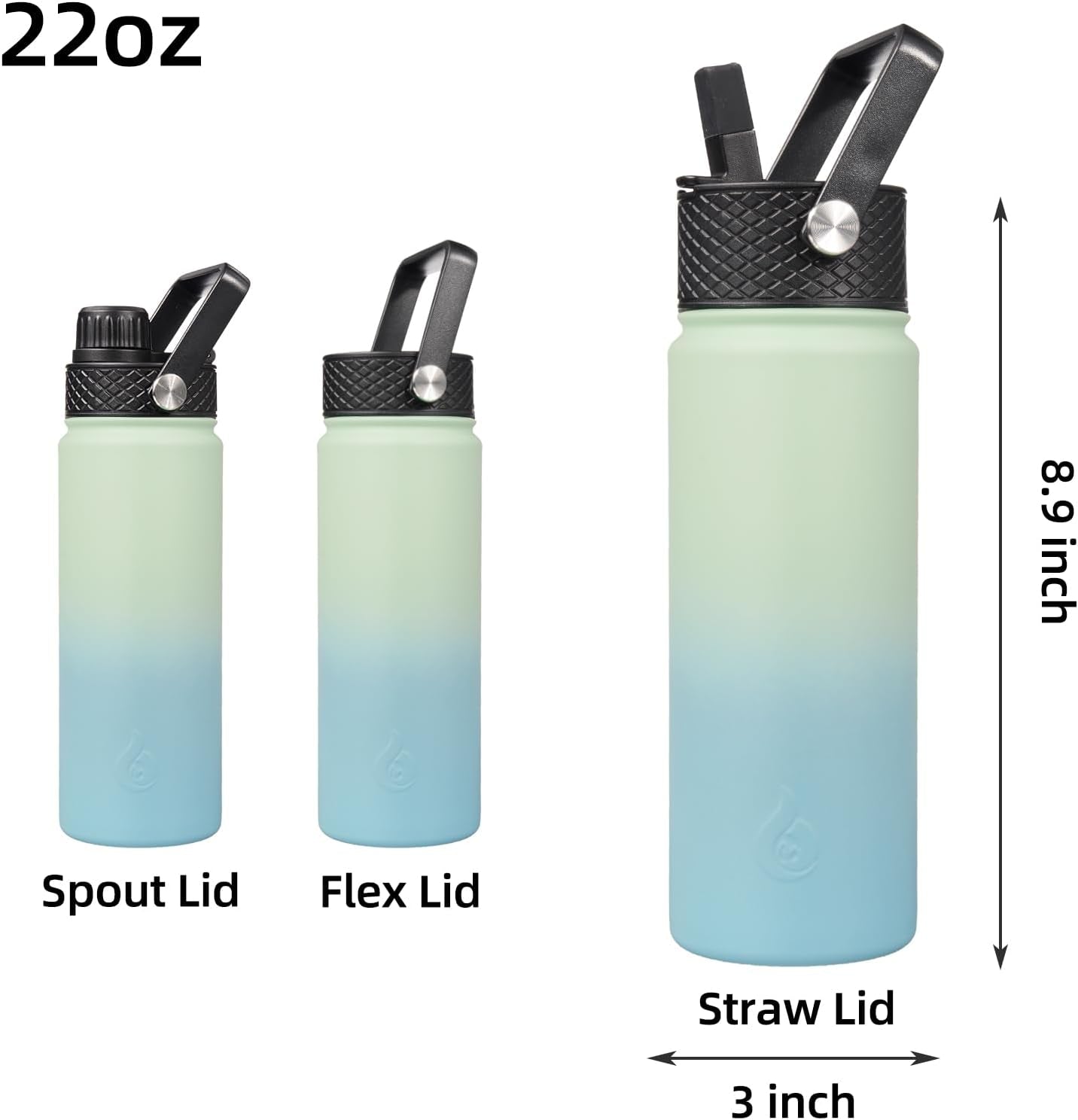 Insulated Water Bottles with Straw Lid, 22Oz Cold & Hot Thermo, Stainless Steel Metal Water Bottle with 3 Lids, Reusable Thermo, Cups, Mugs for Daily Use-Mint
