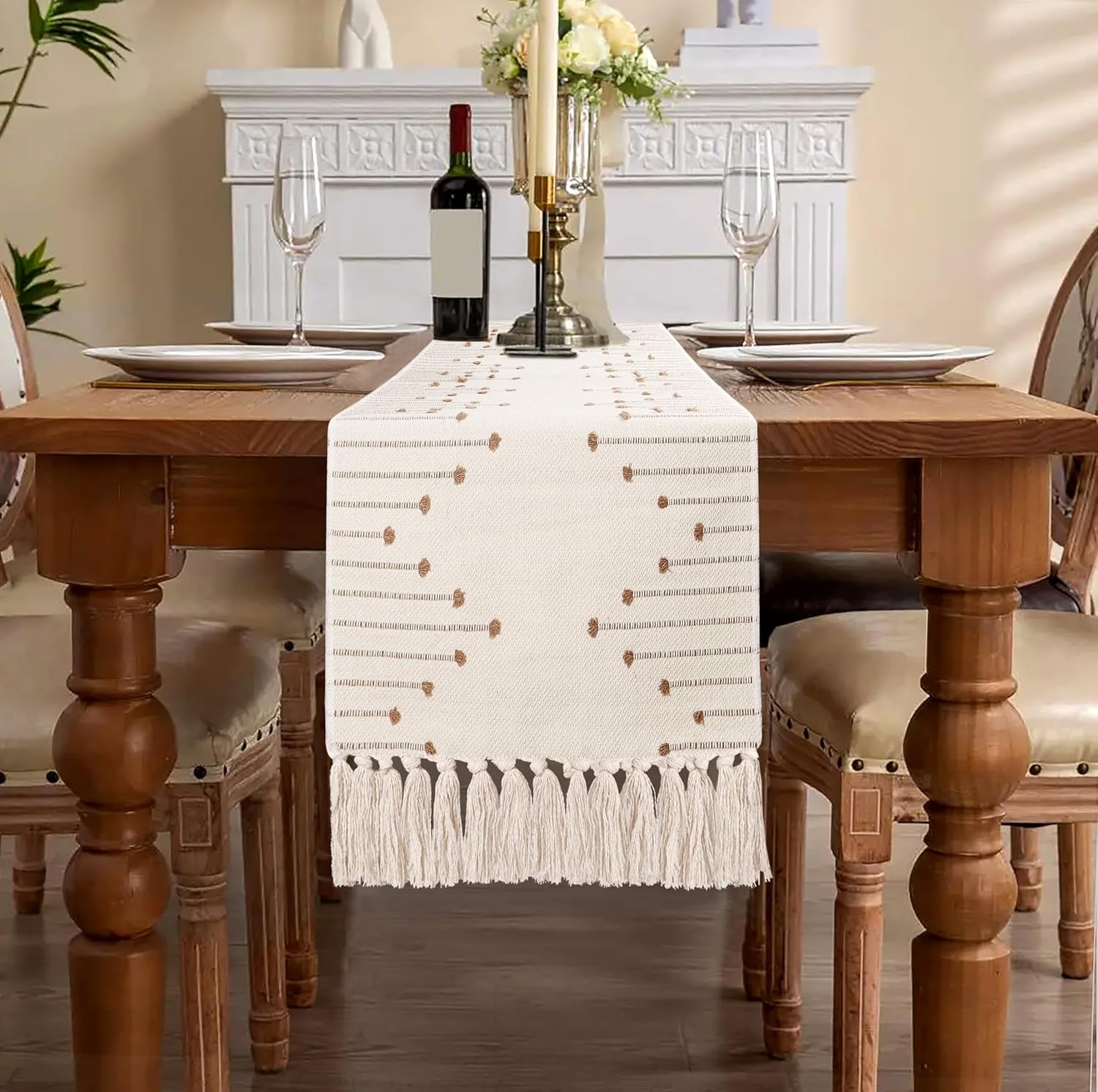 13 X 60 Inches Long Boho Table Runner with Tassels for Dining Room Kitchen Home Farmhouse Coffee Table Décor, Thanksgiving Christmas Decor, Modern Neutral Table Runners
