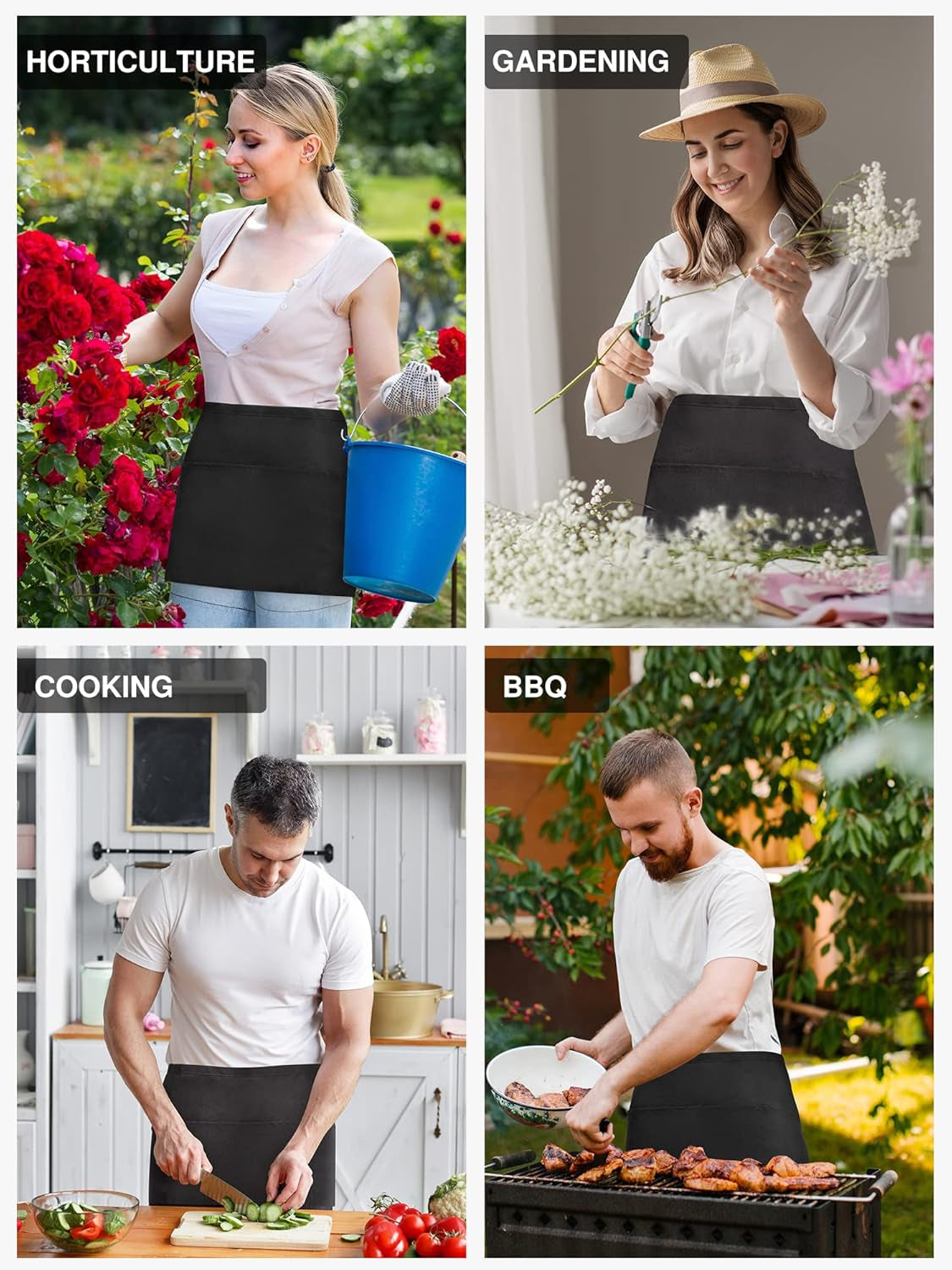 1 Pack Server Aprons with 3 Pockets, Waterdrop Resistant Waitress Waiter Waist Apron, 11.5-Inch Black