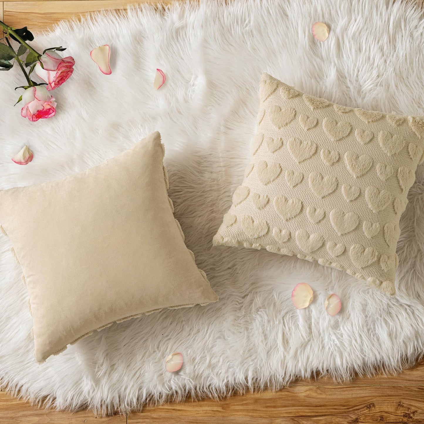Set of 2 Beige Mothers Day Valentines Pillow Covers Heart Love Decorative Cute Throw Pillows 18X18 Inch Soft Plush Faux Wool Farmhouse for Spring Sofa Livingroom Bed