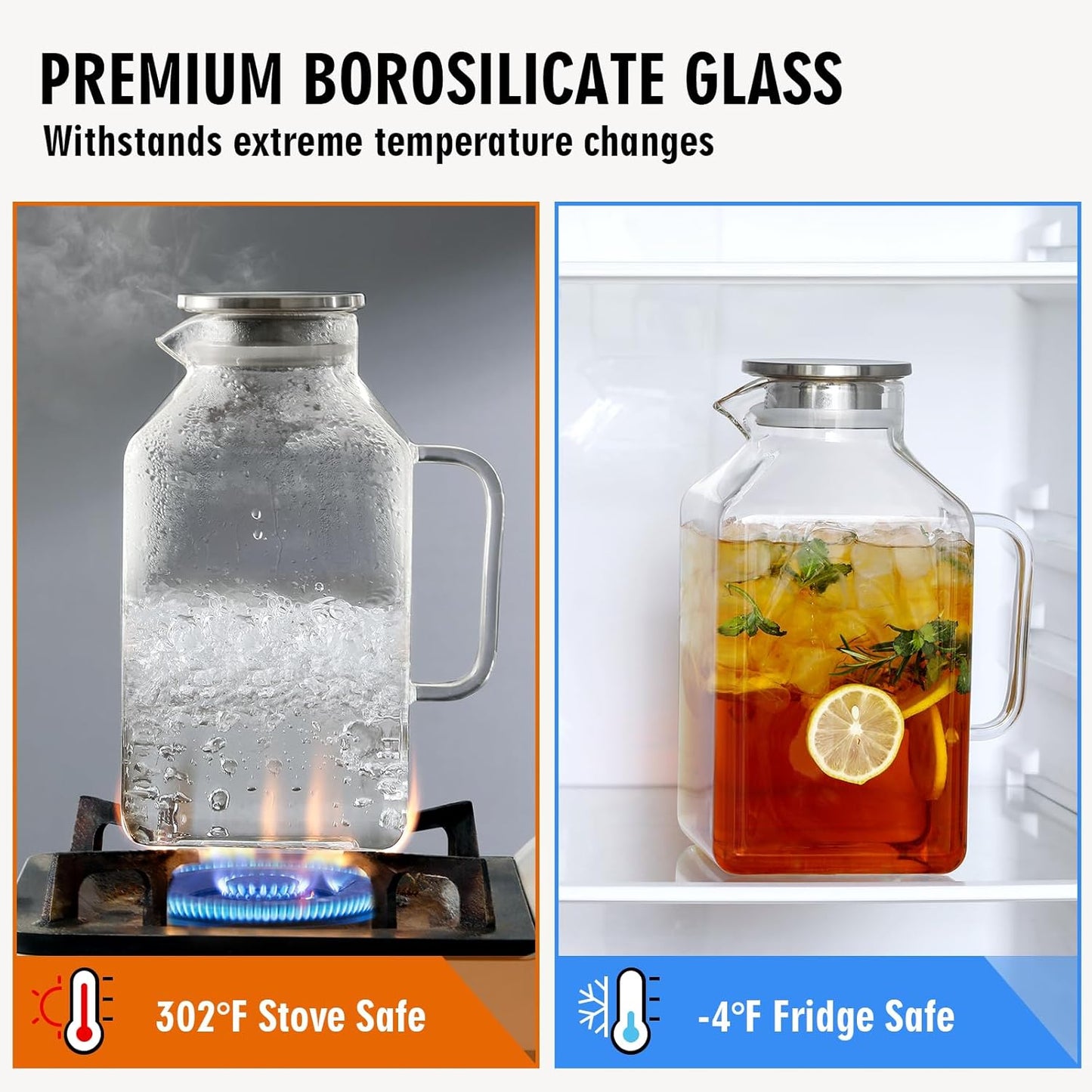 1 Gallon Square Glass Pitcher with Lid and Spout, Water Pitchers with Handle for Fridge, Borosilicate Glass Carafe for Hot/Cold Drink,Extra Large Jug for Iced Tea, Coffee,Juice,Beverage, Clear