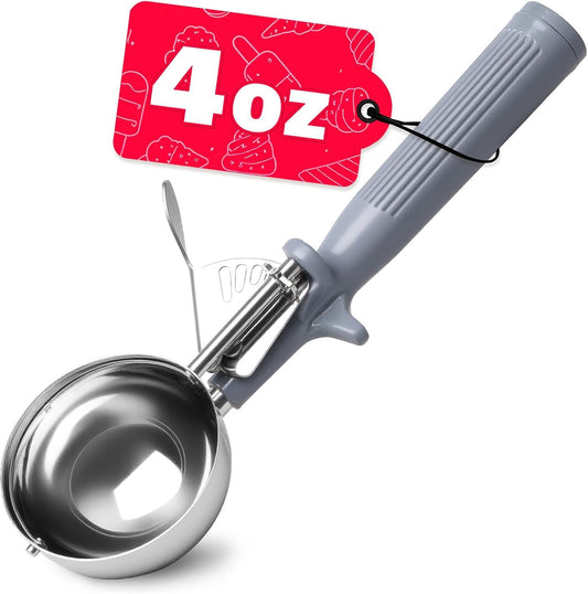 4 OZ Scoop, Ice Cream Scoop with Trigger, #8 Disher, Muffin Scoop, Large Cookie Scoops for Baking, Grey Handle, with Trigger for Portion Control