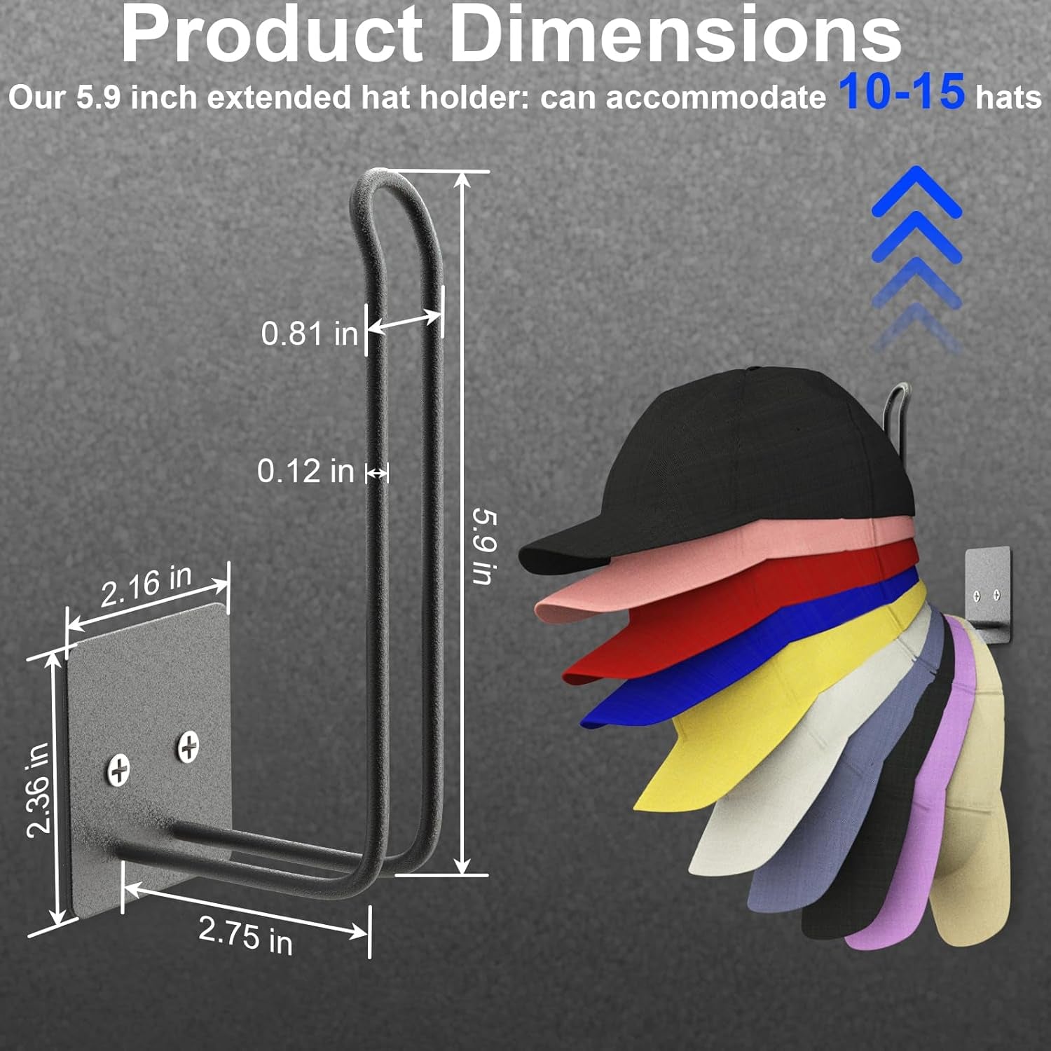 4 Pack Hat Racks - Baseball Cap Hat Holder, Organizer - Strong Adhesive/Wall Drilled for Door, Bedroom, Closet (Black)