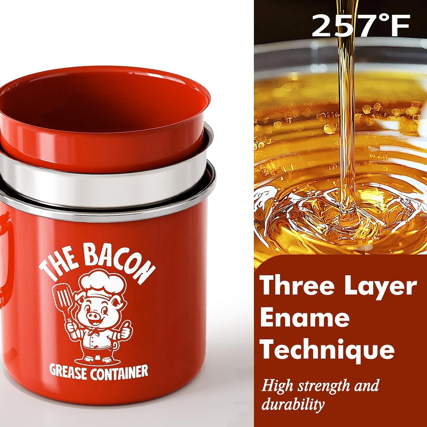 Mini Bacon Grease Saver with Strainer - 15OZ Enamel Grease Container, Farmhouse Bacon Grease Keeper for Kitchen Fat Storage, Dishwasher Safe-Red
