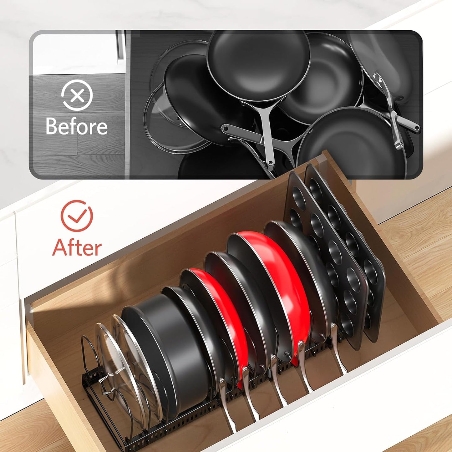 Pots and Pans Organizer under Cabinet with Pan Holder: Expandable 11.8"-22.8" Kitchen Cabinet Organizer Rack, 12 Adjustable Dividers Storage for Cookie Sheets, Cutting Boards & Heavy Cookware