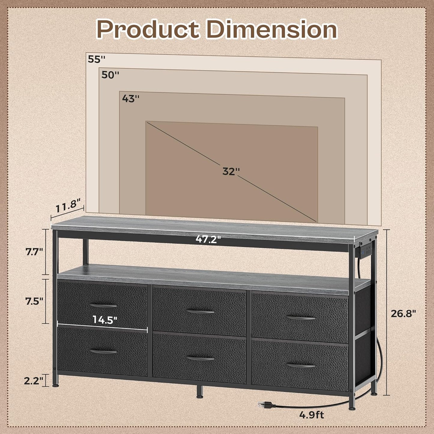 LED TV Stand with Storage for Bedrooms and Living Rooms, 47-Inch Entertainment Center for 43, 50, and 55-Inch TVs, Grey and Black Design with Power Outlets and 6 Drawer Fabric Dresser